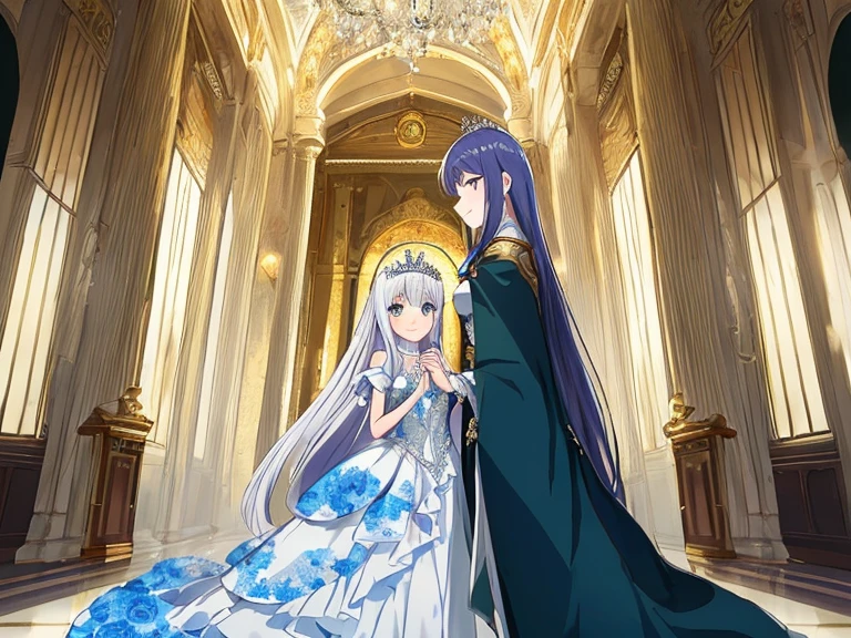 best quality,(long train blue cape:1.15),(long train white ball gown with floral decoration:1.15), a girl is wearing a cape over her dress, anime style, rococo style, little princess, tiara, kind smile, very long hair, small breast, perfect fingers, masterpiece