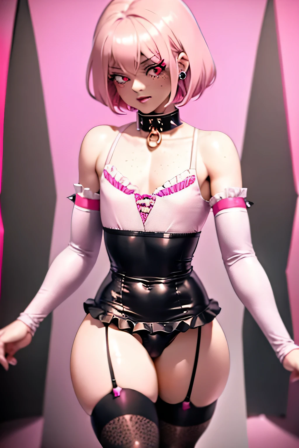 1boy, solo, femboy, twink, crossdresser, cute, pretty, golden hair, red eyes, short fluffy hair, freckles, pastel pink goth aesthetic, pink clothes, frilly clothing, dark makeup, spiked collar, piercings, flat chest, slim, slender, nice hips, thick thighs, crop top hoodie, long sleeves, thigh highs, panties under skirt, High Resolution, Best Quality, HD