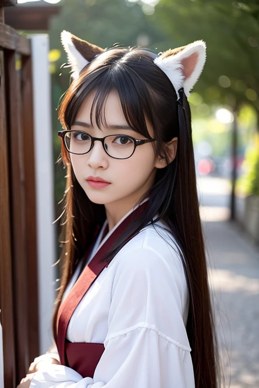 ((Melancholic expression))、((Sad face))、((Angry face))、((Crying face))、(Long black hair)、((Wear glasses))Small fox ears、one girl, (a beauty girl, delicate girl:1.3), (12 years old, change:1.3), break,((Shrine maiden costume)),(Brown fox ears) break, Definition of Very Fine Particles, (Symmetrical eyes:1.3), break, (alley, Kyoto:1.3), perfectly trimmed fingers, break, Small breasts, Brown eyes, Parted bangs, Brown Hair, girl, break, (Eye and facial details:1.0), break, (masterpiece, Highest quality, Very detailed, Detailed face, 8k)