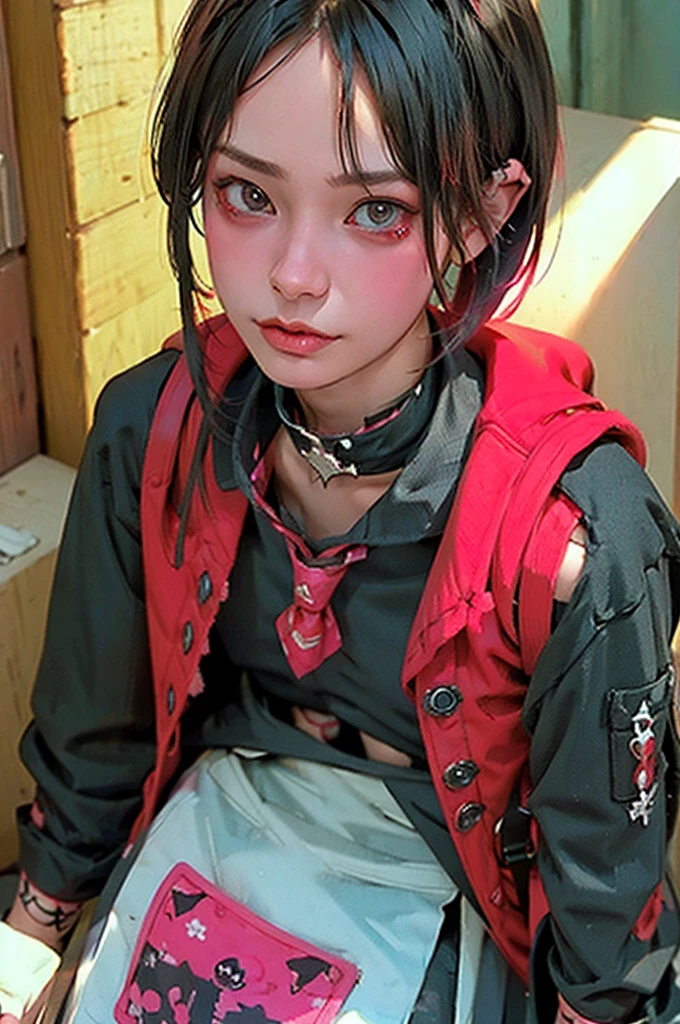 ((18-year-old punk girl,Unusual punk hair:1.3)),((Red and black punk fashion:1.5)),(Skeleton Brooch)Studded clothing、((punk rock patch))、((Black backpack on the back))、（Light black and blue hair:1.5）,Wacky makeup、whole body, (masterpiece), (High resolution), (Very delicate), nightmare, Doll-like face, Manga Style, rough sketch, Horror elements, Manga Styleイラスト, Japanese painting, phantom, (spooky), antique, Dark atmosphere, Flat Illustration,spookyな外観, Distinctive messy hairstyle, creative accessories, Unique atmosphere、whole body
