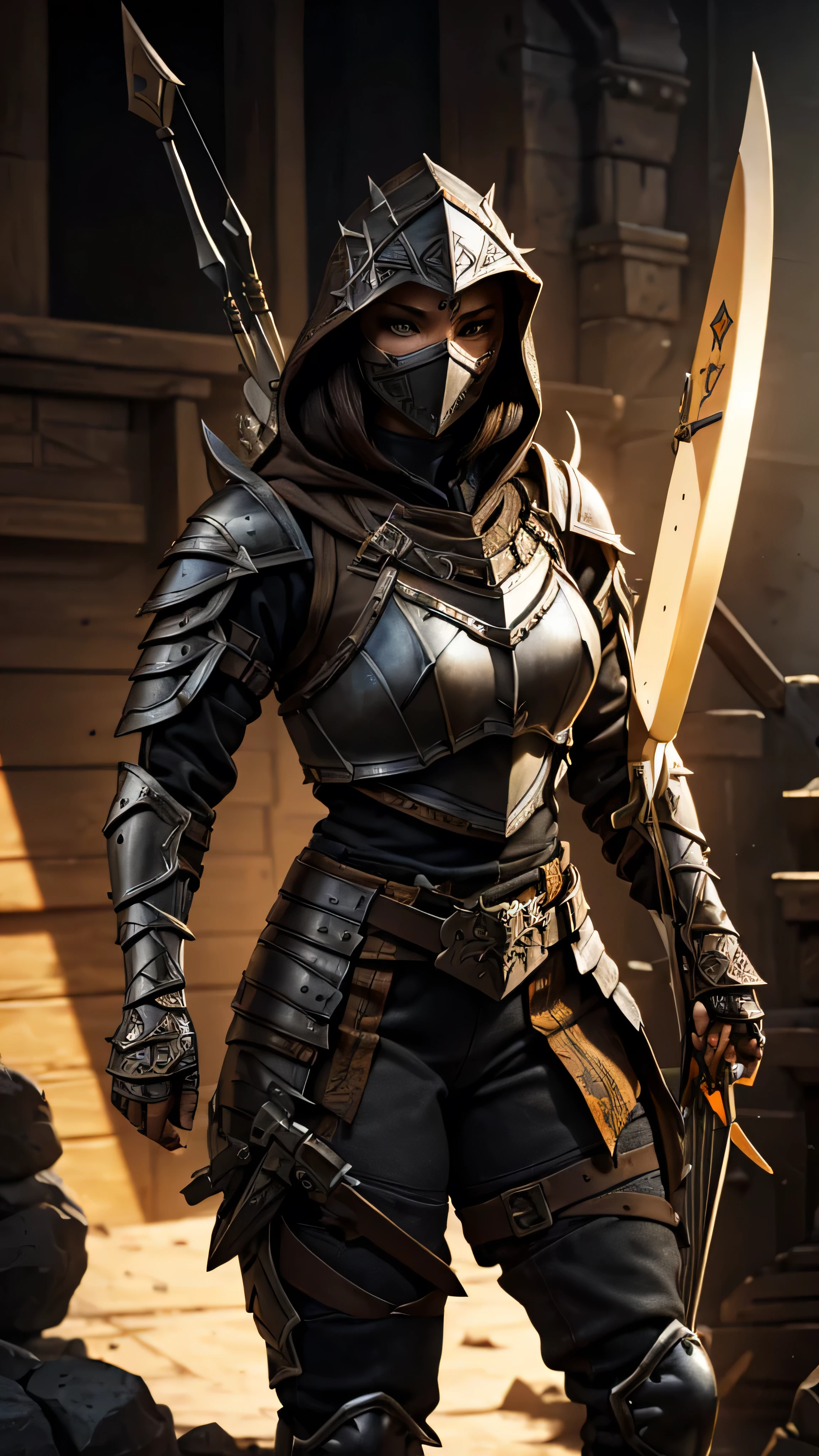 warrior, female, brown hair, hood, mask, dark gray (armor), plates, orange patterns, (crossbow), (big shield), (masterpiece, best quality), (hyper realistic:1.6), ((detailed face)), ((award-winning)), (sharp), (8k resolution), (cinematic lighting)