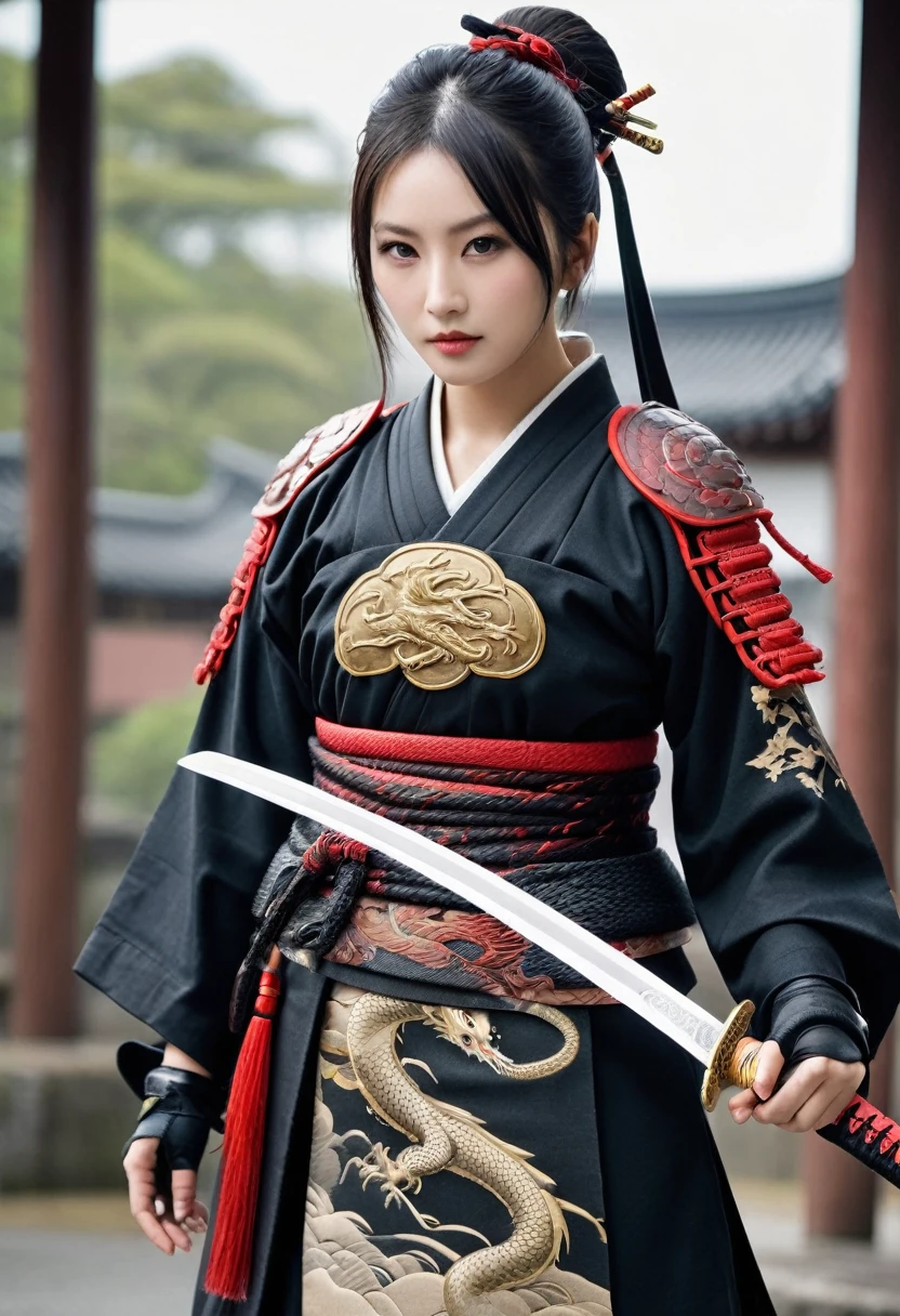Highest quality、High resolution、Very detailed、Detailed Background、A beautiful 27-year-old woman、Warrior、dragon tattoo on arm、Japanese sword(Masamune Meiji)、(Blade length: 2 feet 4 inches、Handle length: 25 cm、This part is woven with red and black threads....、The swallow is golden)、Japanese sword、Sharp eyes、(enemy'Blood is flowing to my cheeks)(Takeda Shingen)、blonde、short hair、Realistic Face、Swing your sword down、Delicate eyes、Angry expression、Like a fight scene in a live-action movie、More realistic battle scenes、On the cheeks、enemyWarriorの返り血、(Burning castle in the background、Sparks fly、)(Japanese sword(The famous sword Muramasa 2.0)Hold with both hands、Sword Drawing Technique(Japanese sword、Muramasa Sword)、Warrior、