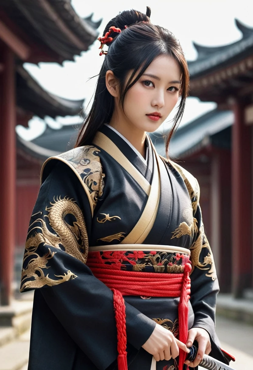 Highest quality、High resolution、Very detailed、Detailed Background、A beautiful 27-year-old woman、Warrior、dragon tattoo on arm、Japanese sword(Masamune Meiji)、(Blade length: 2 feet 4 inches、Handle length: 25 cm、This part is woven with red and black threads....、The swallow is golden)、Japanese sword、Sharp eyes、(enemy'Blood is flowing to my cheeks)(Takeda Shingen)、blonde、short hair、Realistic Face、Swing your sword down、Delicate eyes、Angry expression、Like a fight scene in a live-action movie、More realistic battle scenes、On the cheeks、enemyWarriorの返り血、(Burning castle in the background、Sparks fly、)(Japanese sword(The famous sword Muramasa 2.0)Hold with both hands、Sword Drawing Technique(Japanese sword、Muramasa Sword)、Warrior、