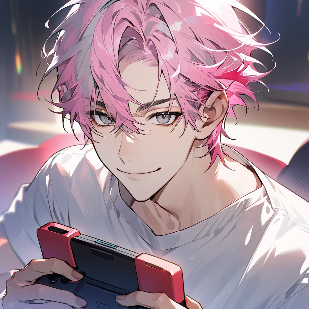 Handsome, solo, 1 male, super short hair, pink hair, smile facial, (shirt), (((sharp grey eyes))), ((smile)), (((closed mouth))), ((((holding game pad))))