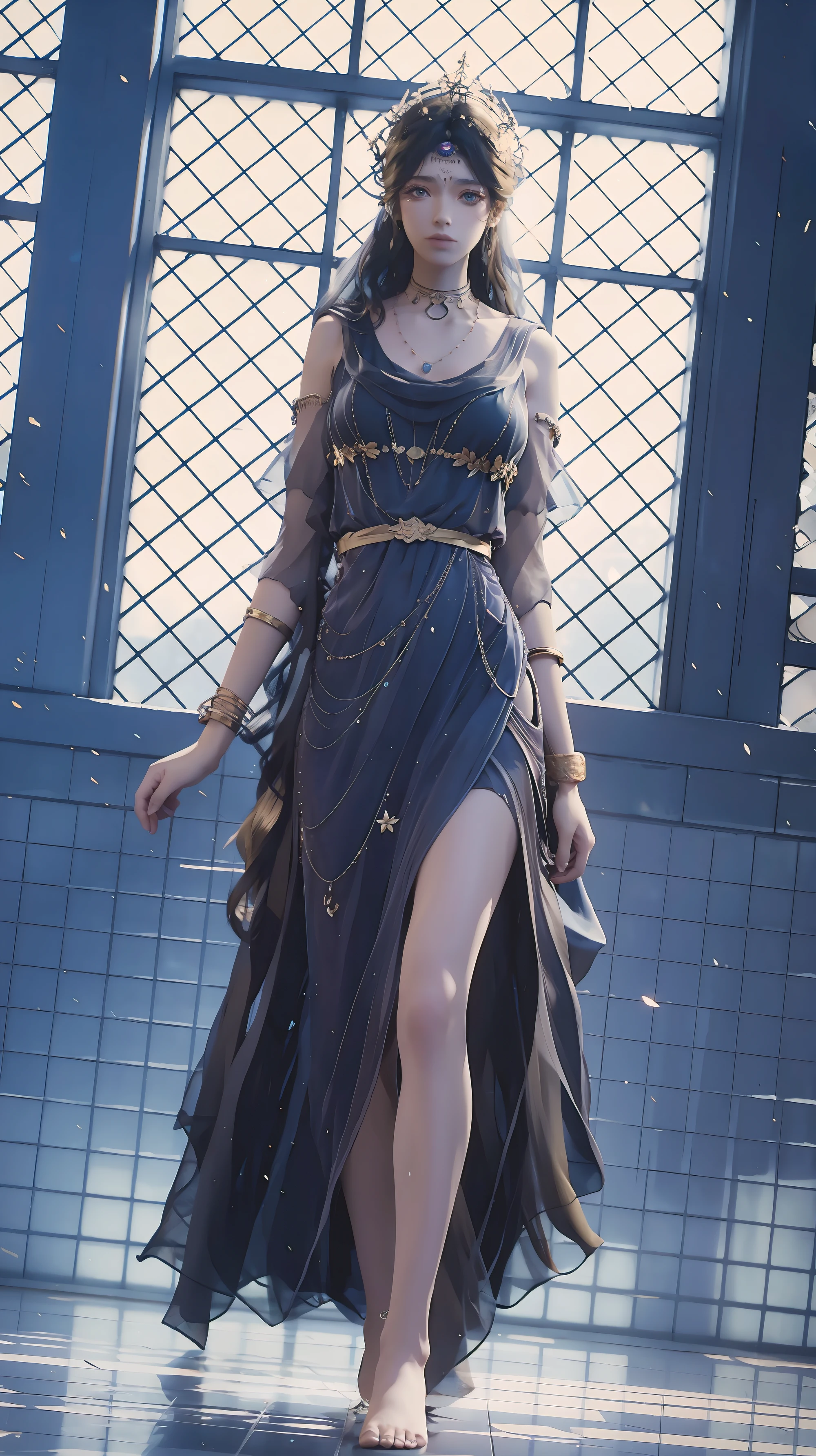 ((Biologically correct number of limbs))、(( Full body illustration from toes to face))、4K、masterpiece、((The eyes are delicately painted、Facial details、Focus on the face))、((Symmetrical, Balanced facial features))、Beautiful woman、Outstanding style、Beautiful clavicle、Beautiful legs、beautiful hands、slim body、(shirt、skirt、barefoot)、look up、High Angle、Background is night city、((Walking posture))