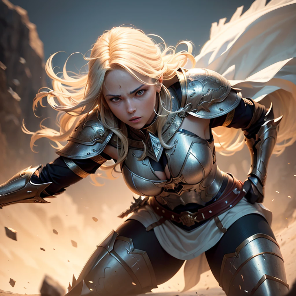 a blond woman in white armor, fighting with a sword in an african setting, detailed face and eyes, dramatic lighting, cinematic composition, fantasy art style, digital painting, (best quality,4k,8k,highres,masterpiece:1.2),ultra-detailed,(realistic,photorealistic,photo-realistic:1.37),HDR,UHD,studio lighting,ultra-fine painting,sharp focus,physically-based rendering,extreme detail description,professional,vivid colors,cinematic lighting,dramatic shadows,epic battle scene