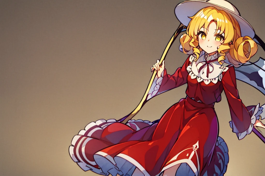 a drawing of an anime character in a red dress and boots with a large scythe, ((high end)), (UHD picture), (best quality,4k,8k,highres,masterpiece:1.2), top-quality(​masterpiece), top-quality, ultra-detailed, highly detailed texture, intricate details, high quality textures, masterpiece, best quality, perfect quality, perfect anatomy, perfect body, perfect symmetrical face, 1 beautiful girl, 1 girl, alone, solo, 10 , (((loli))), childish)), hat, white hat, blonde hair, long hair, parted bangs, drill hair, well-formed face, yellow eyes, maxi dress, red dress, dress, long sleeves, frills, long skirt, simple background, scythe, holding scythe, holding, white socks, smile, cute face, beautiful, holding scythe