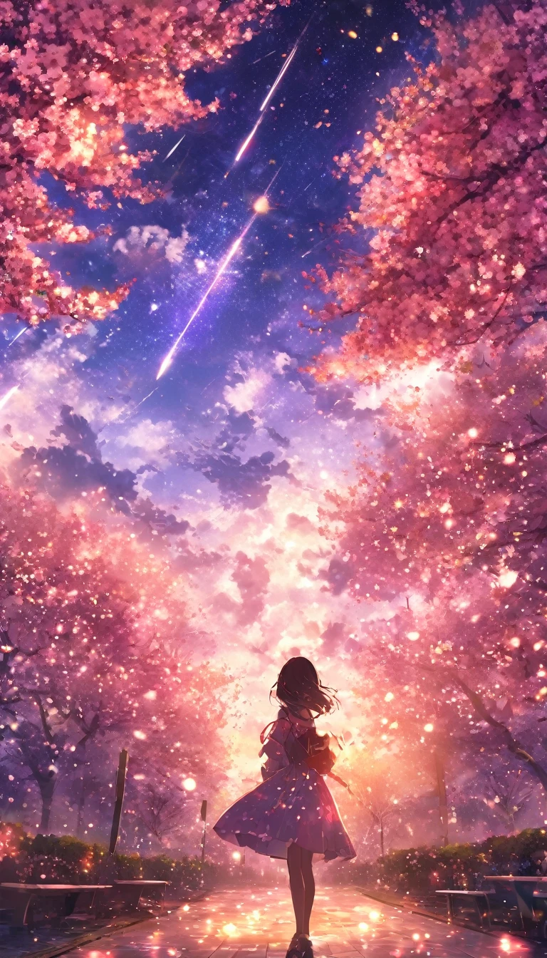 masterpiece, Concept Art, Panorama, in the center, shape, Wide Shot, garden, night, (meteor), Space galaxy background, (Great composition, Epic scale), Dynamic Lighting, Bright colors, cherry blossoms,1 girl,Parks in Tokyo