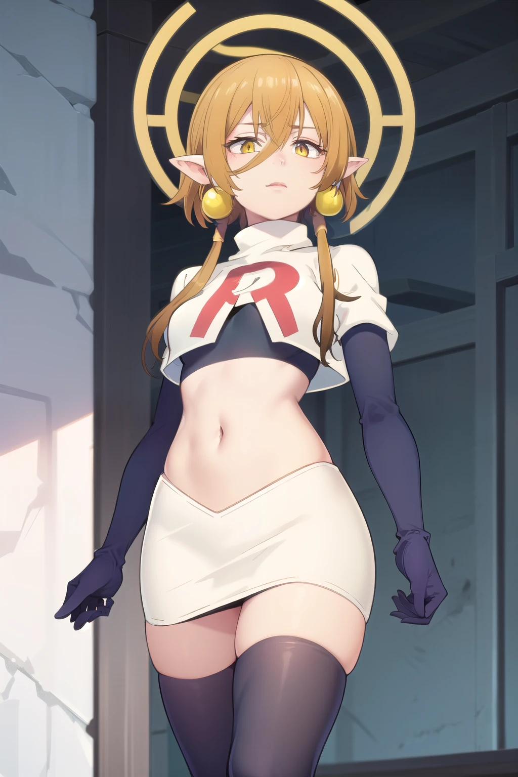 (Masterpiece), (realistic skin texture), extremely detailed, best quality, woman, short hair, blonde hair, yellow eyes, long twintails, pointy ears, halo, gold and purple earrings, team rocket,team rocket uniform,white skirt,red letter R,crop top,black thigh-highs,black elbow gloves