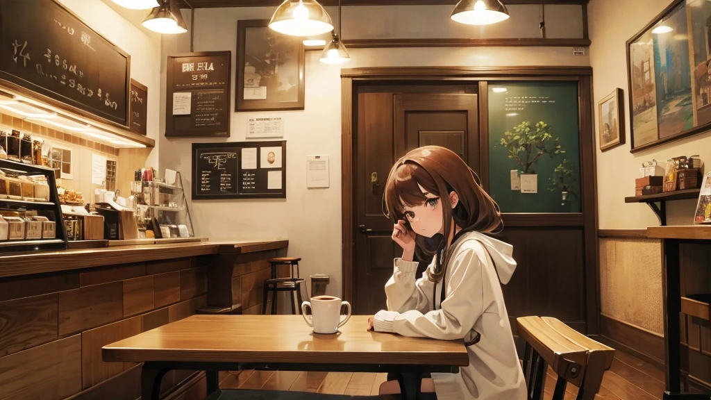 Girl listens to making coffee in a coffee shop,2D anime style, The morning air was clear. ,Warm atmosphere,