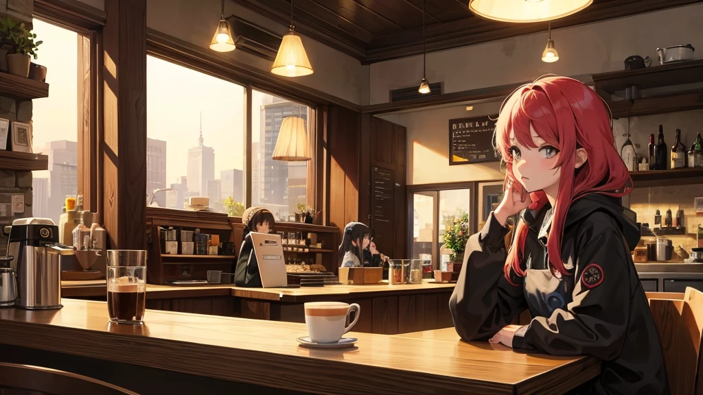 Girl listens to making coffee in a coffee shop,2D anime style, The morning air was clear. ,Warm atmosphere,