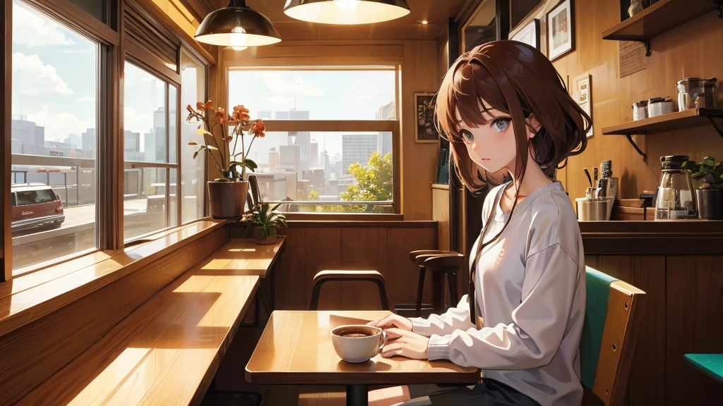 Girl listens to making coffee in a coffee shop,2D anime style, The morning air was clear. ,Warm atmosphere,
