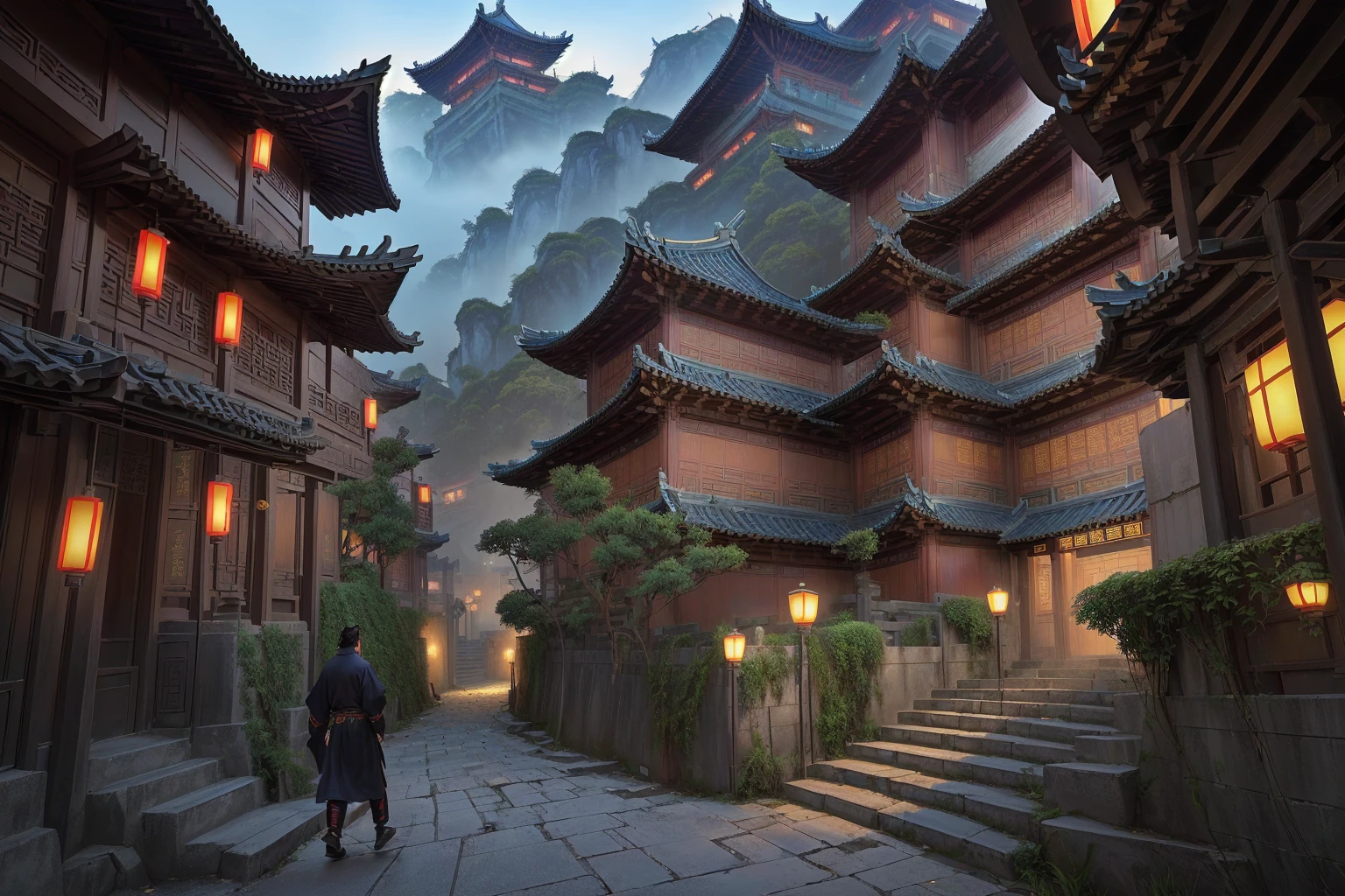 there is a narrow street,There are many buildings and plants, Dream China Town, china village, andreas rocha style, Cyberpunk ancient Chinese castle, Beautiful rendering of the Tang Dynasty, ancient city landscape, The ancient city streets behind her, author:Victor Wang, old asian village, Inspired by Zhang Sengyao, Pan Chengwei on artstation, In an ancient city , ((low angle shot 1.7)) ((Camera lens close to the ground to shoot 1.8))