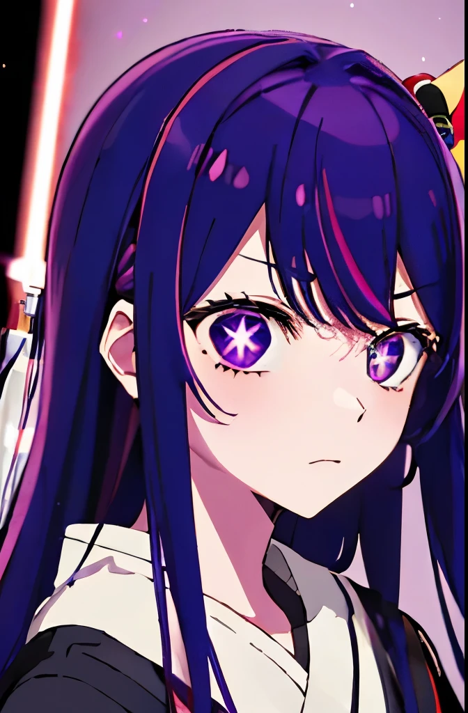 alone, Hoshino Ai, long hair, purple hair, My hair is streaky. ,purple eyes, star shaped pupil, hair accessories, Show off your skills by swinging your lightsaber.