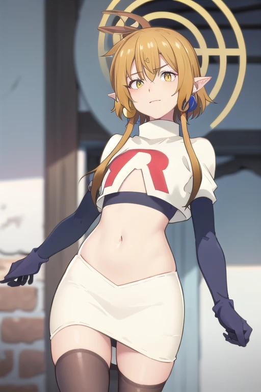(Masterpiece), (realistic skin texture), extremely detailed, best quality, woman, short hair, blonde hair, yellow eyes, long twintails, pointy ears, halo, gold and purple earrings, team rocket,team rocket uniform,white skirt,red letter R,crop top,black thigh-highs,black elbow gloves