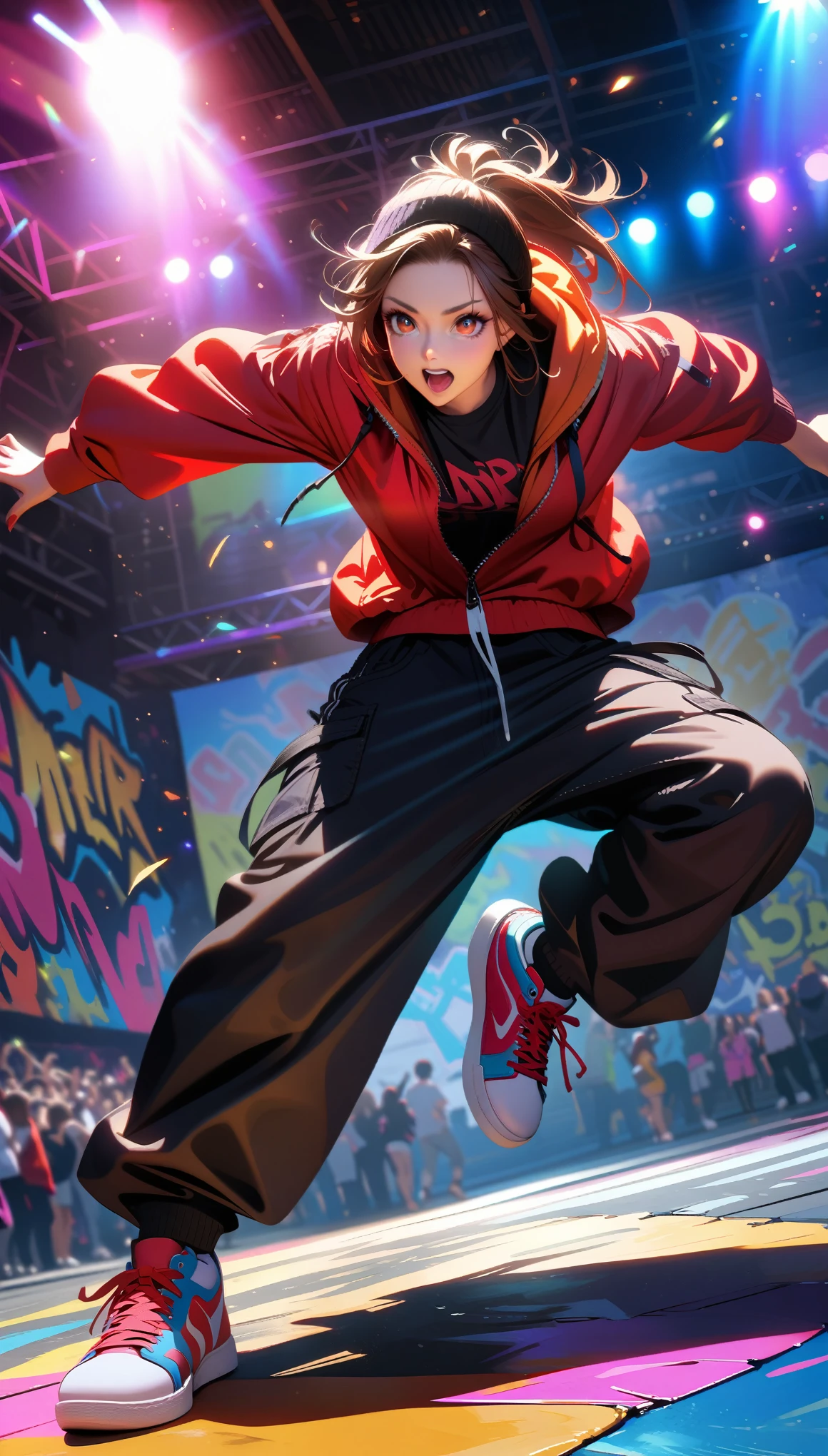 Masterpiece, Best Quality, Super Detailed, High Definition, HDR, Realistic, Depth, Fine Texture, Super Fine, Complete concentration, (breakdancer, male dancer, female dancer), dynamic breakdance pose, (urban street style), energetic movements, (baggy clothes, streetwear), (colorful sneakers), (graffiti backdrop), vibrant stage lighting, intense expression, beautiful detailed eyes, detailed face, professional, ultra-detailed, intricate details, volumetric lighting, lens flare, particles, dynamic composition, breakdance battle stage, cheering audience,

