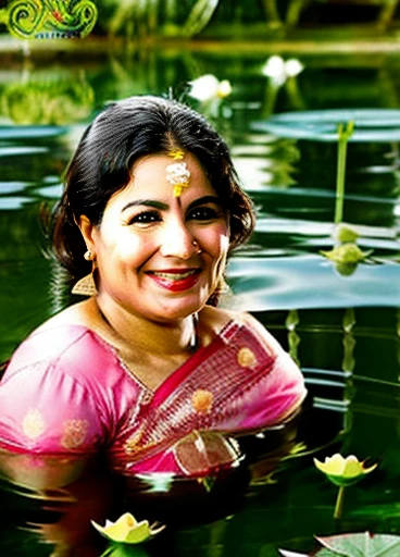 55 years old Milf mature aunty,woman jaya din bra, bathing in a pond full of lotus, smile to camera, Sexy milf figure