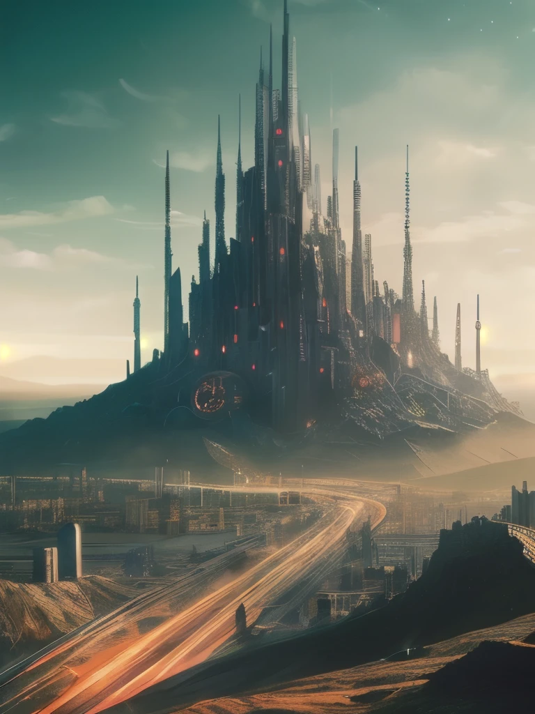 landscape, sf, Futuristic, Utopian, mechanical, wire, circuit, Very detailed, Octane Rendering, Cinematic, Gothic, Very detailed and Complex, Rich and deep colors, Complex artwork masterpiece, Unlucky, Matte Paint , Trending on CGSociety, Complex, amazing, Trending on Art Station, production Cinematic character render, Super high quality model, 4K resolution, Complex artwork masterpiece,