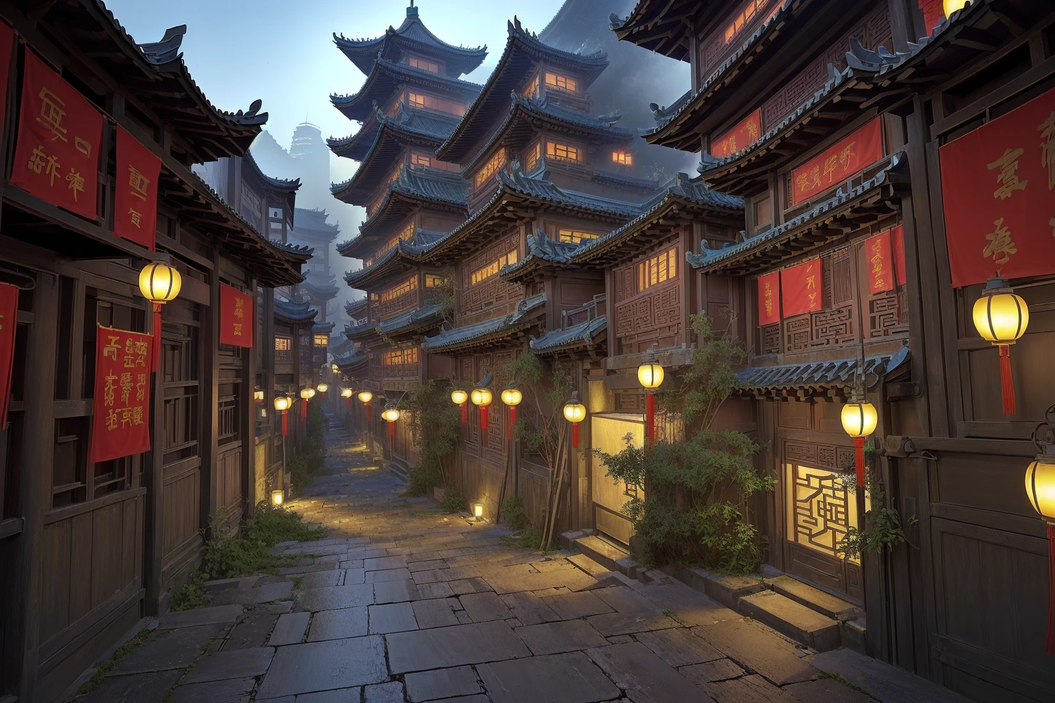 there is a narrow street,There are many buildings and plants, Dream China Town, china village, andreas rocha style, Cyberpunk ancient Chinese castle, Beautiful rendering of the Tang Dynasty, ancient city landscape, The ancient city streets behind her, author:Victor Wang, old asian village, Inspired by Zhang Sengyao, Pan Chengwei on artstation, In an ancient city , ((low angle shot 1.7)) ((Camera lens close to the ground to shoot 1.8))