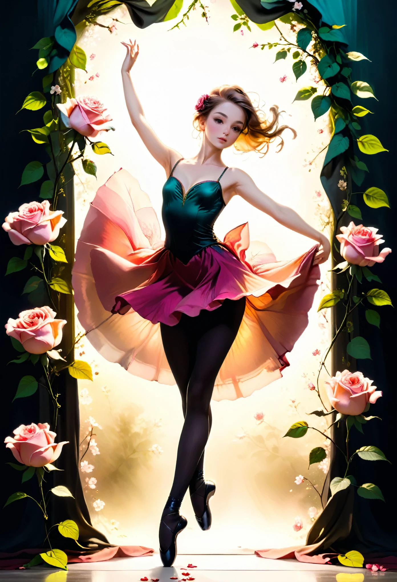 a portrait of female classical ballet prima ballerina dancer in the ((middle of blossoming rose: 1.5)), a full body picture ((anatomically correct: 1.5)) of a exquisite beautiful female dancer wearing silk evening dress, intricate dress dynamic hair color, dynamic hair style, dynamic skin complexion, wearing ballet shoes, wearing thigh highs, she is standing in the middle of a magnificent, epic rose, she stands in the middle of the flower, dynamic background, vibrant, Ultra-high resolution, High Contrast, (masterpiece:1.5), highest quality, Best aesthetics), best details, best quality, highres, 16k, (ultra detailed: 1.5), masterpiece, best quality, (extremely detailed) RAW, (ultra details, Masterpiece, best quality), Cinematic Hollywood Film, artxldnc,