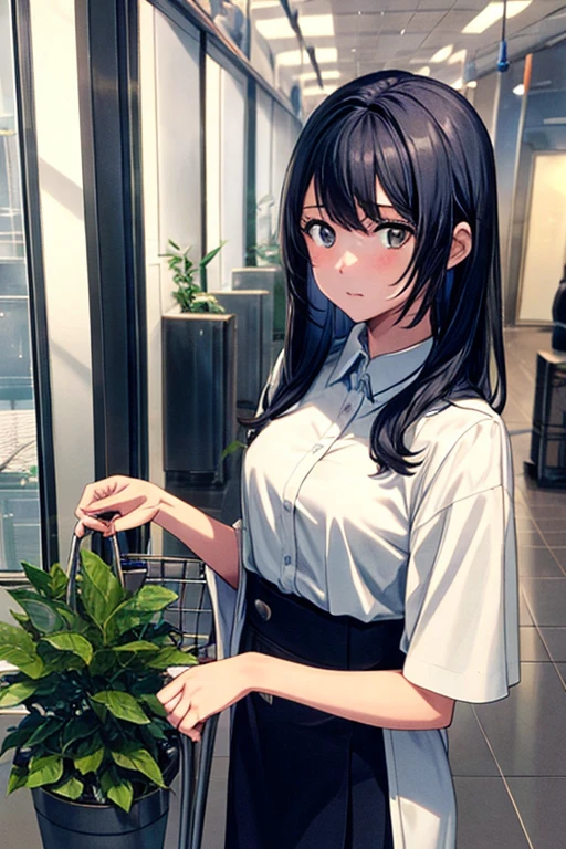 A girl around 13 years old, a little more mature, active and casually dressed, with medium-long ash blue hair and beautiful jade-colored almond eyes, about 125cm tall, in the lobby of an outer space relay spaceport, there are a moderate number of people behind her, there is a check-in counter in the far right, there is a potted plant, a planet can be seen beyond the window to the left, she is pulling a travel cart, standing to the right, facing left and looking out the window