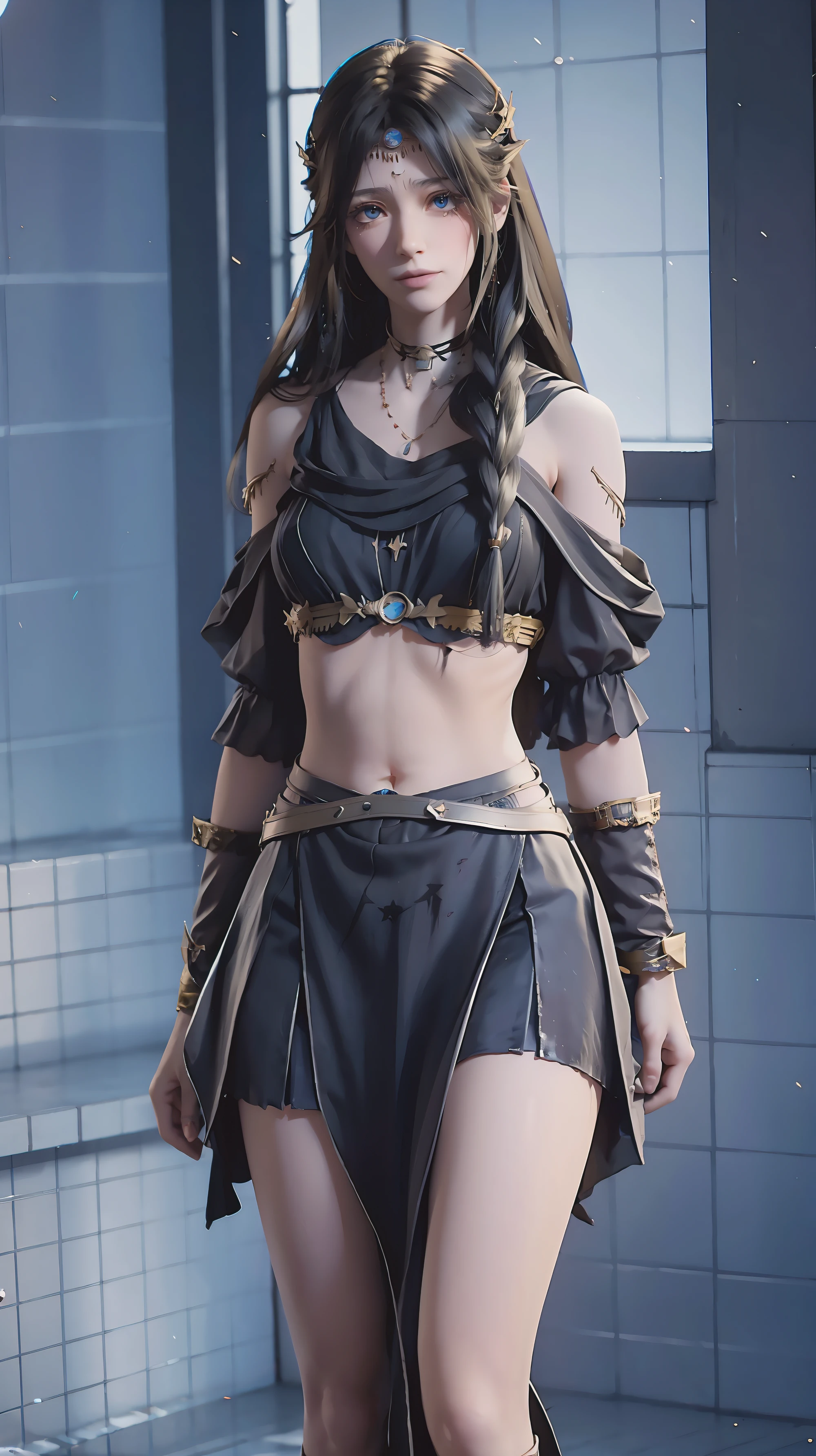 8K,(Asuna(Star): 1.6),A girl, Solitary,(Perfect anatomical structure:1.43), (Medium Length Hair:1.55) ,(Half:1.45),Bangs, blue eyes,Beautiful eyes,(Sad smile:1.3),Black stockings,(black hair:1.6),(18 years old:1.5),whole body,(Bare shoulders:1.5),(mini skirt:1.26),(Standing on the bloody battlefield at moonlit night:1.52),fantasy,(Blood Effect:1.53),Throw,Eye level view,(shadow:1.21)