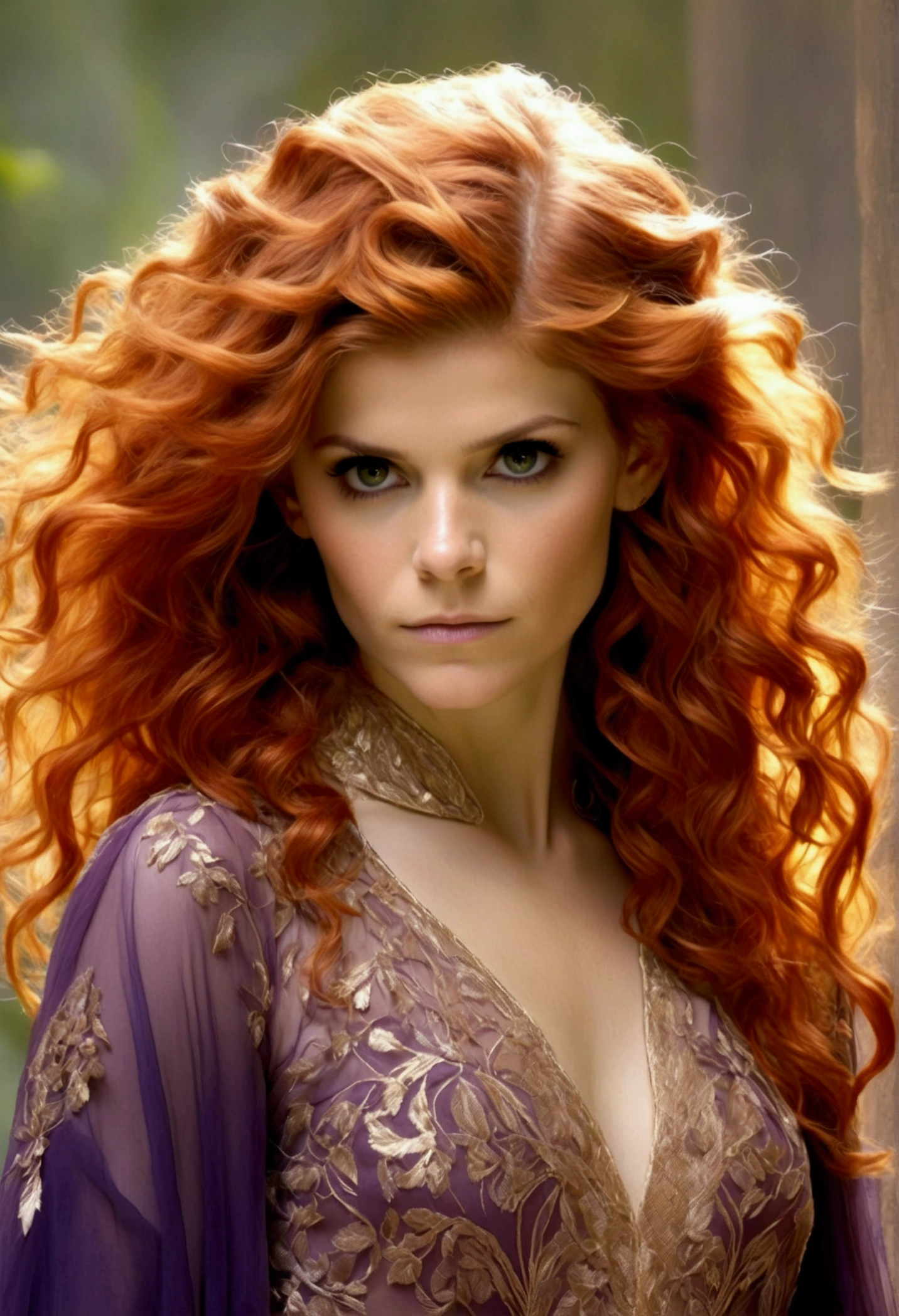 Kate Mara, age 25 (sun elf, almond skin, fire red hair curly, over large violet eyes, sheer golden silk gown with intricate embroidery, no underwear) doing a ritual dance (large exaggerated ballet like movements) to greet the sun, ivy covered shrine, show her from head to toe