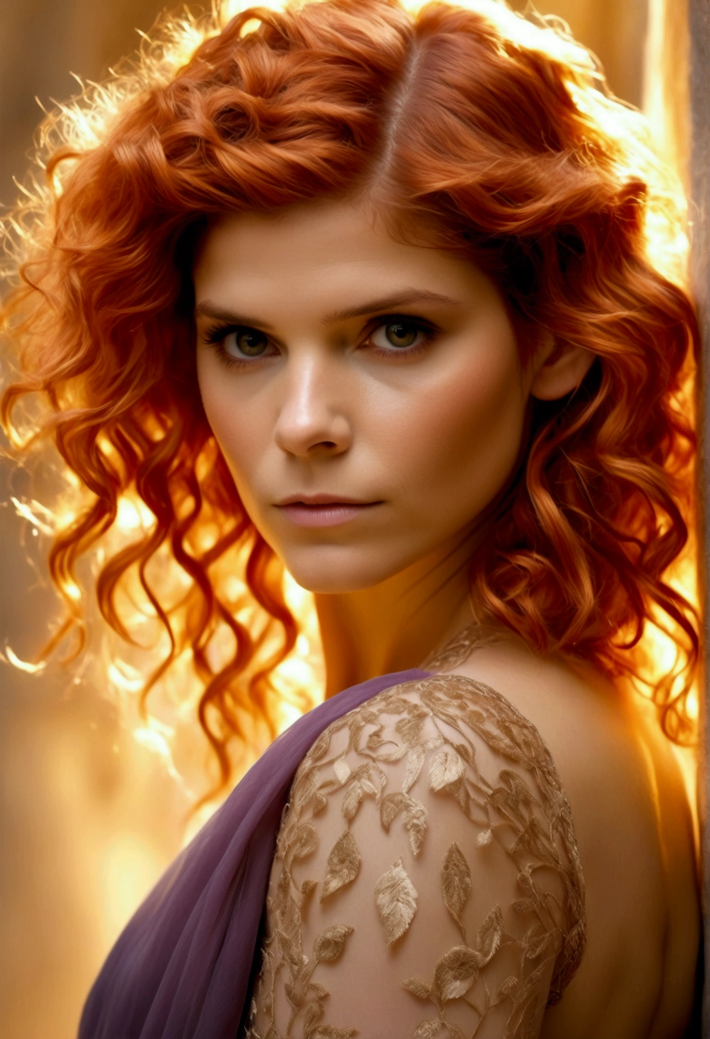 Kate Mara, age 25 (sun elf, almond skin, fire red hair curly, over large violet eyes, sheer golden silk gown with intricate embroidery, no underwear) doing a ritual dance (large exaggerated ballet like movements) to greet the sun, ivy covered shrine, show her from head to toe
