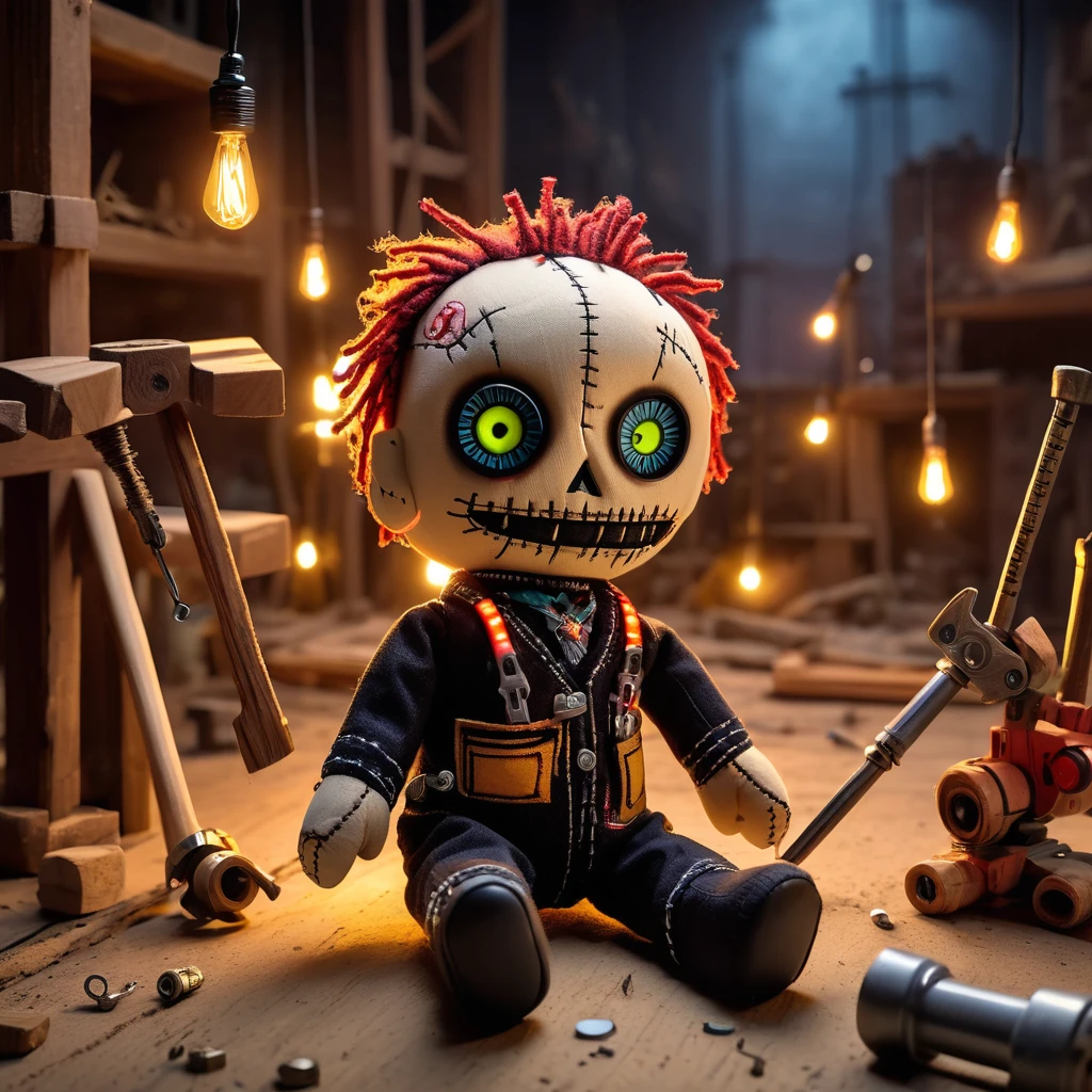 (knitted toy voodoo doll:1.7), (Voodoo on a city construction site with animated tools:1.3), (Clothing: tattered worker’s attire with mystical symbols:1.0), (Accessories: miniature glowing hammers, tiny floating nails, small enchanted cranes:1.2), (background: busy construction site with flickering lights and glowing magical tools, ethereal light illuminating the scene:1.2), best quality, masterpiece, detailed soft oil painting, detailed background, dramatic cinematic lighting, soft edge lighting, professional, dramatic lighting, hard edge lighting, ultra quality, 4k,masterpiece, best quality, 8k, ultra highres, highres, extremely detailed