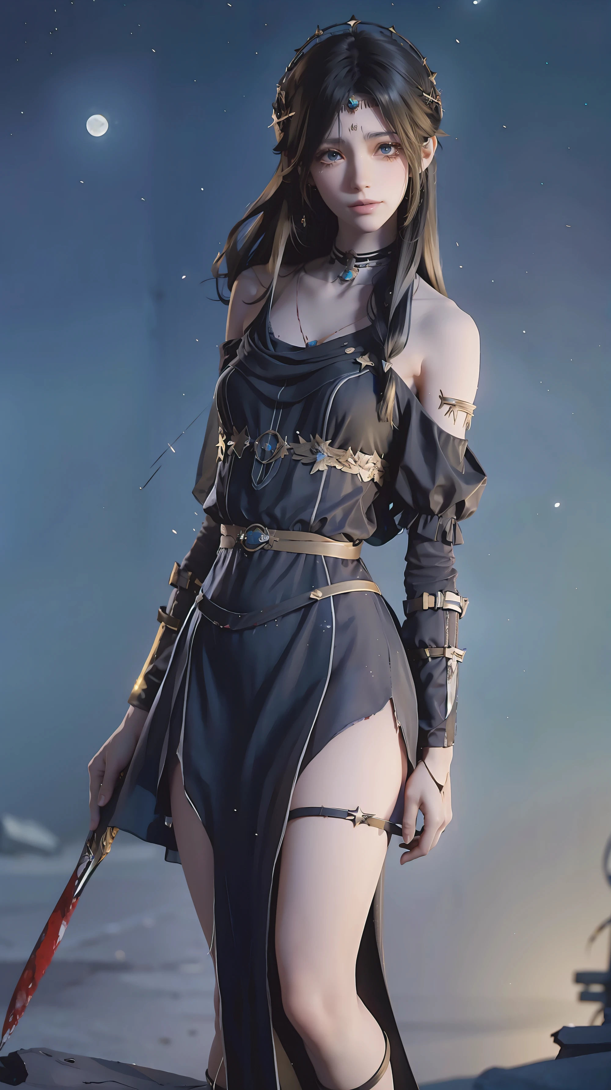 8K,(Asuna(Star): 1.6),A girl, Solitary,(Perfect anatomical structure:1.43), (Medium Length Hair:1.55) ,(Half:1.45),Bangs, blue eyes,Beautiful eyes,(Sad smile:1.3),Black stockings,(black hair:1.6),(18 years old:1.5),whole body,(Bare shoulders:1.5),(mini skirt:1.26),(Standing on the bloody battlefield at moonlit night:1.52),fantasy,(Blood Effect:1.53),Throw,Eye level view,(shadow:1.21)