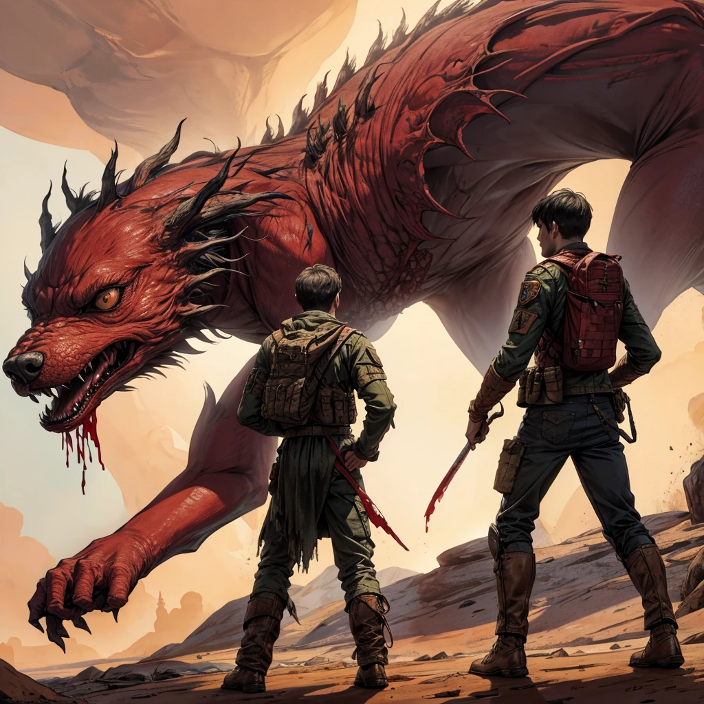 one Soldier, from behind, Fighting with one big bloody dog monster that looks horrifying, postapokalyptic world