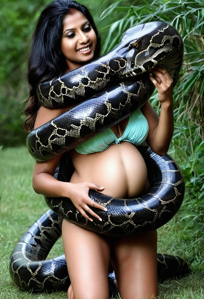 Pregnant bikini wearing Happy Horny, aroused 1girl), beautiful kneeling Indian young girl with giant colossal black titanboa squeezing her hard, wrapped in thick spiraling coils, constricted, struggle, gasping for air, snake attack, snake peril, moonless night, dim light