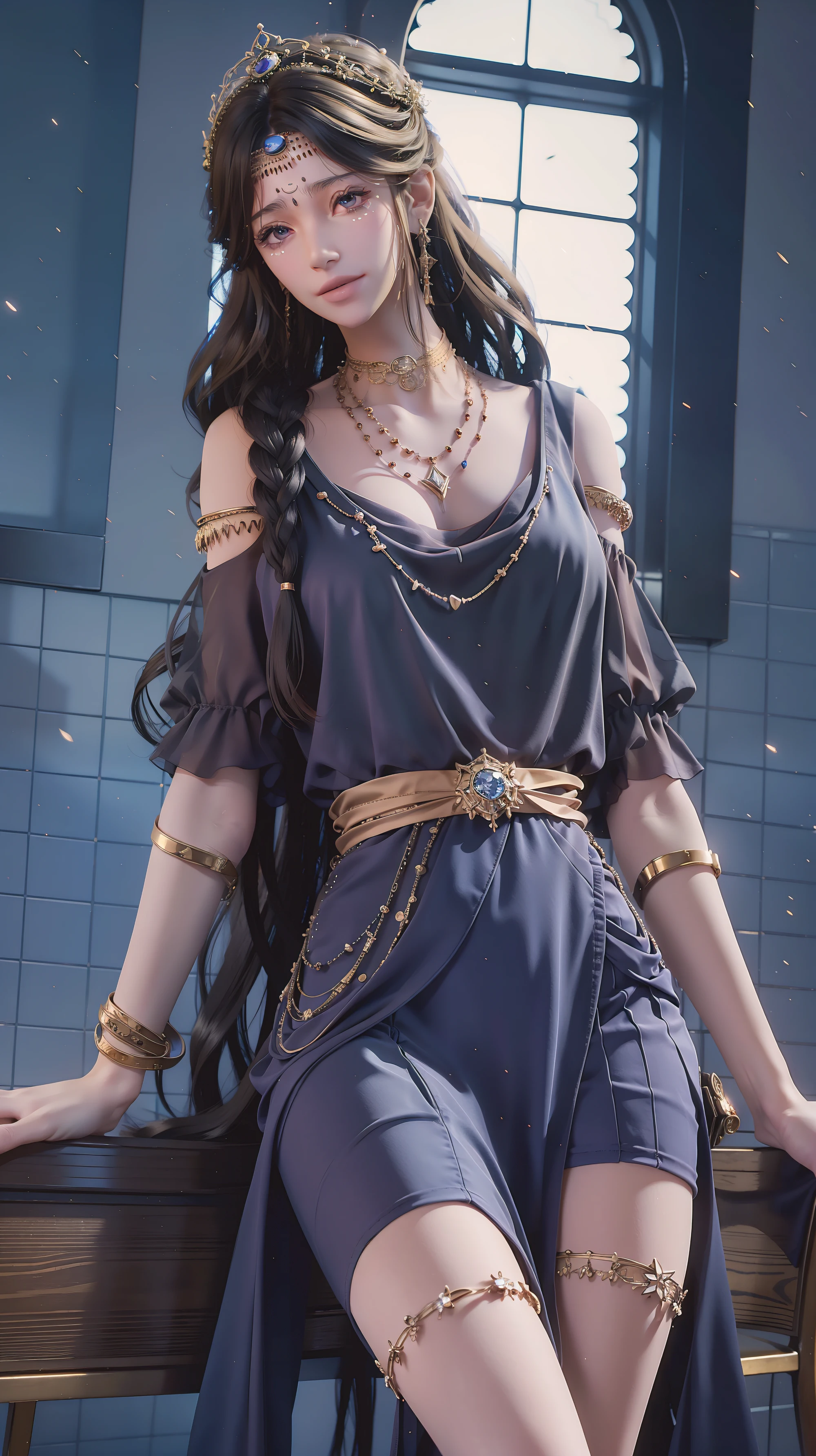 ((Shot in the knee)), ((From below)),A young girl, Wearing a skirt，At the bar, sit on the chair, Cross your legs, Posing elegantly, Detailed scenario, Messy long hair, Blush Blush, Beautiful slender legs, (Very high color saturation), details, Ultra Detailed, (masterpiece, Best quality), (Extremely exquisite and beautiful work), Delicate earrings, Exquisite necklace, Simple blur background, Extremely detailed description, Super Fine, Delicate face, slim body, Thin waist, (Grin), (Anatomically correct)，whole body，barefoot