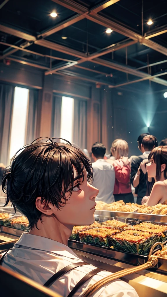 Party Venue, There are a lot of people, noisy, turn around, Young Man, Gaze, Mysterious face,