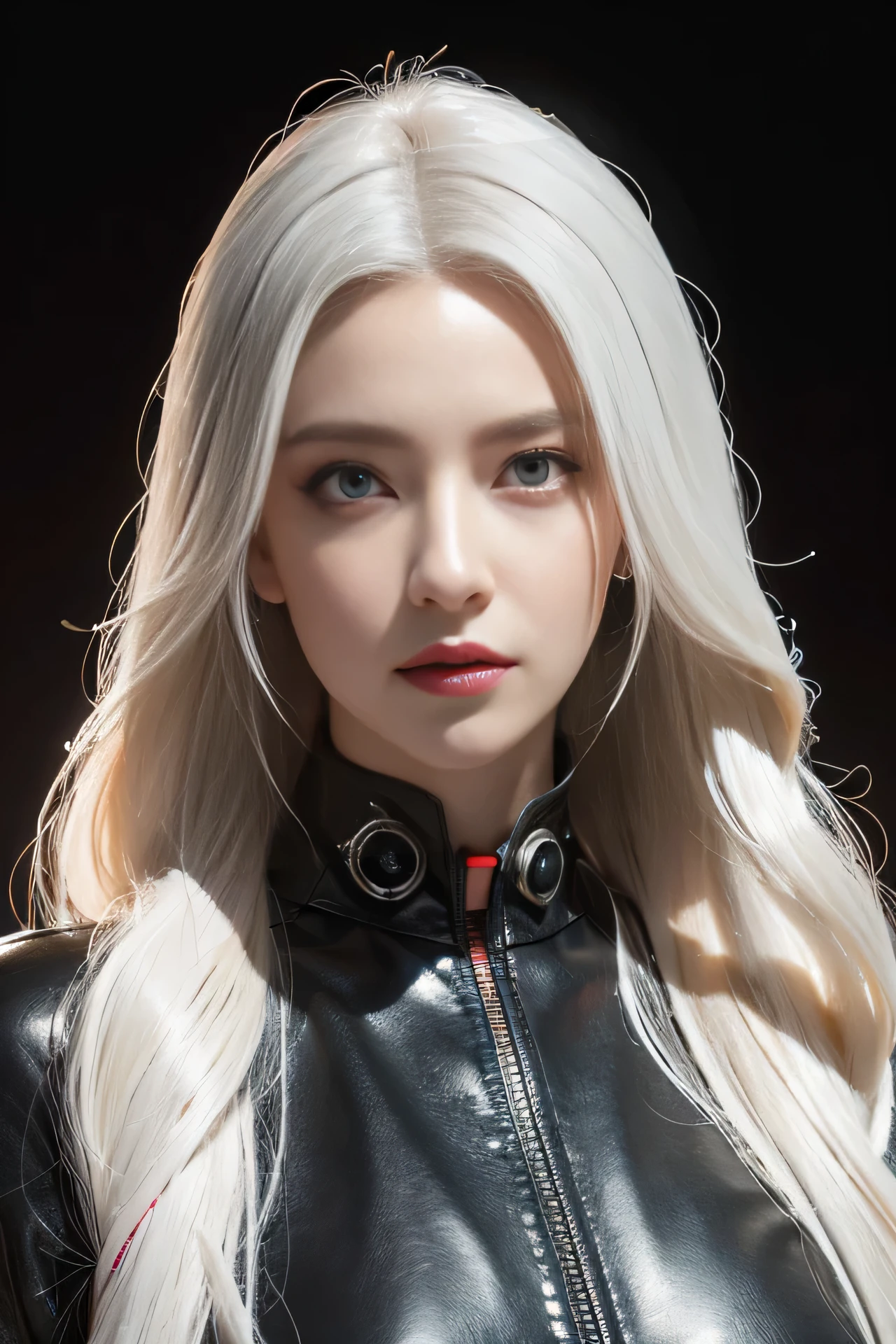 Portrait of a beautiful girl with wavy white hair, wearing a formal black dress with metal parts, red eyes, monograms in the background, digital painting, dark colors, 8k, complex details, vintage, retro futuristic style, sharp focus on the center, pastel colors, art station, (sci-fi, future, future theme), (facial expression looking with disdain), (detailed illustration)