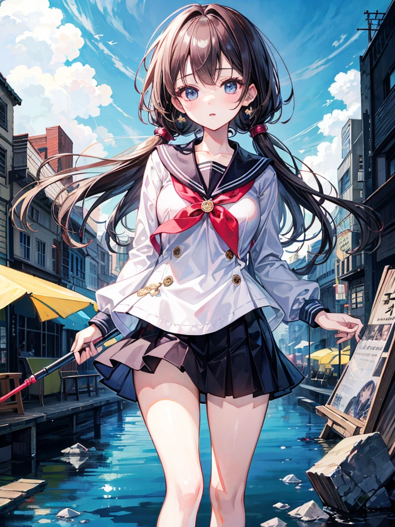 (((masterpiece、Highest image quality、highest quality、highly detailed unity 8kwallpaper)))、((Illustration of one girl))、high school girl、sailor suit、ruin city