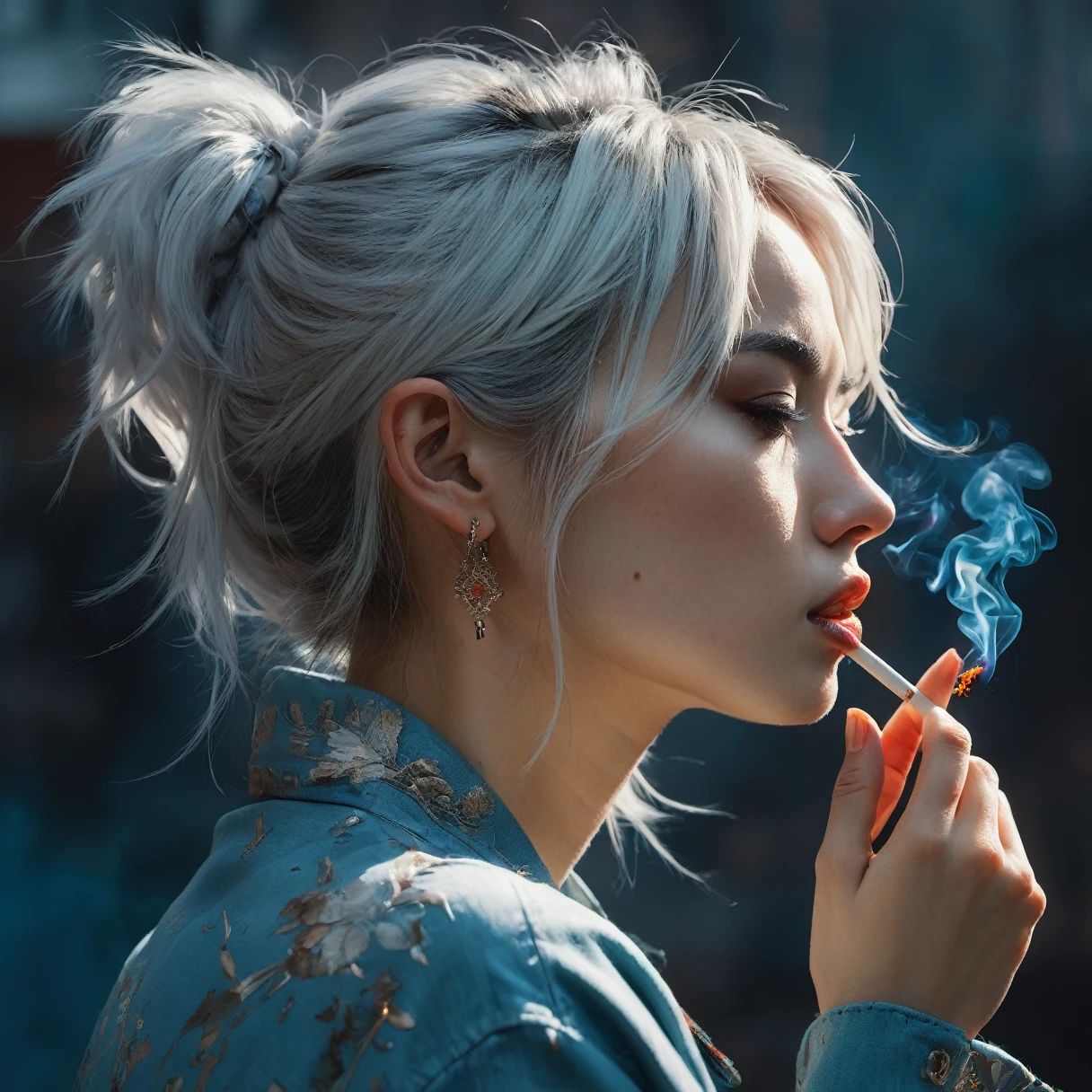 photoshoot, scene art by Atey Ghailan and (Carne Griffiths:1.2) , ((detailed face)), side-profile of a Ugly Alena, Smoking pose, Silver hair, Movie still
