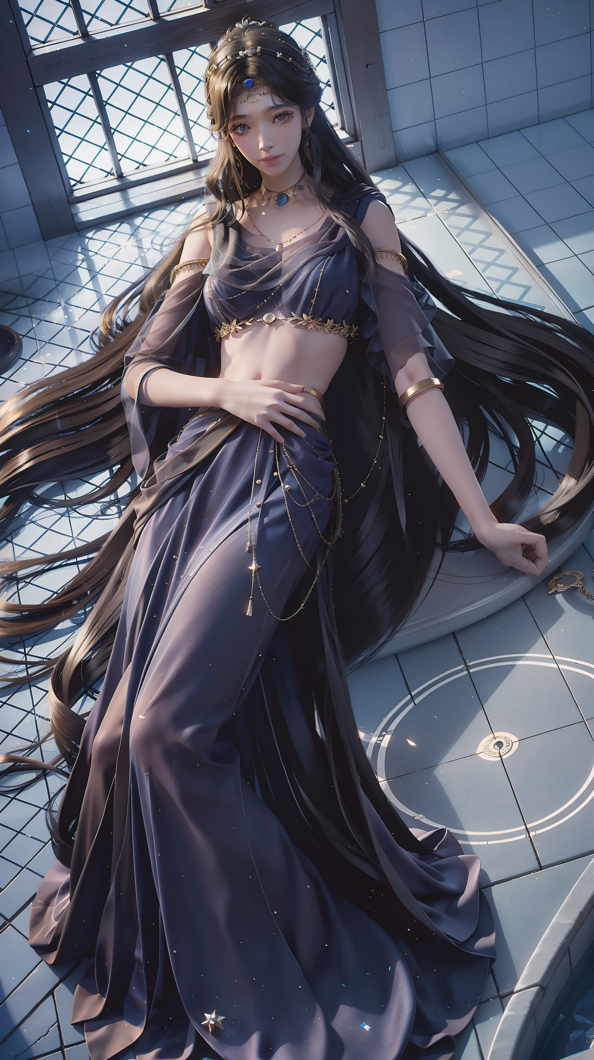 A girl in a dress lies on the bed under the Starry Sky，Exquisite smile，Beautiful and delicate eyes，Beautiful and delicate lips，Extremely detailed face and eyes，Long eyelashes，Full body，Flowing hair，belly button，best quality，excellent work，Super，(Reality:1.4)，RAW photos，(Beautiful face:1.2)，(Lying on the water:1.5)，1 girl，(absurdes)，(8k)， (4K)，Octane Rendering，Starry Sky，((Full body view))，barefoot，Cross-legged