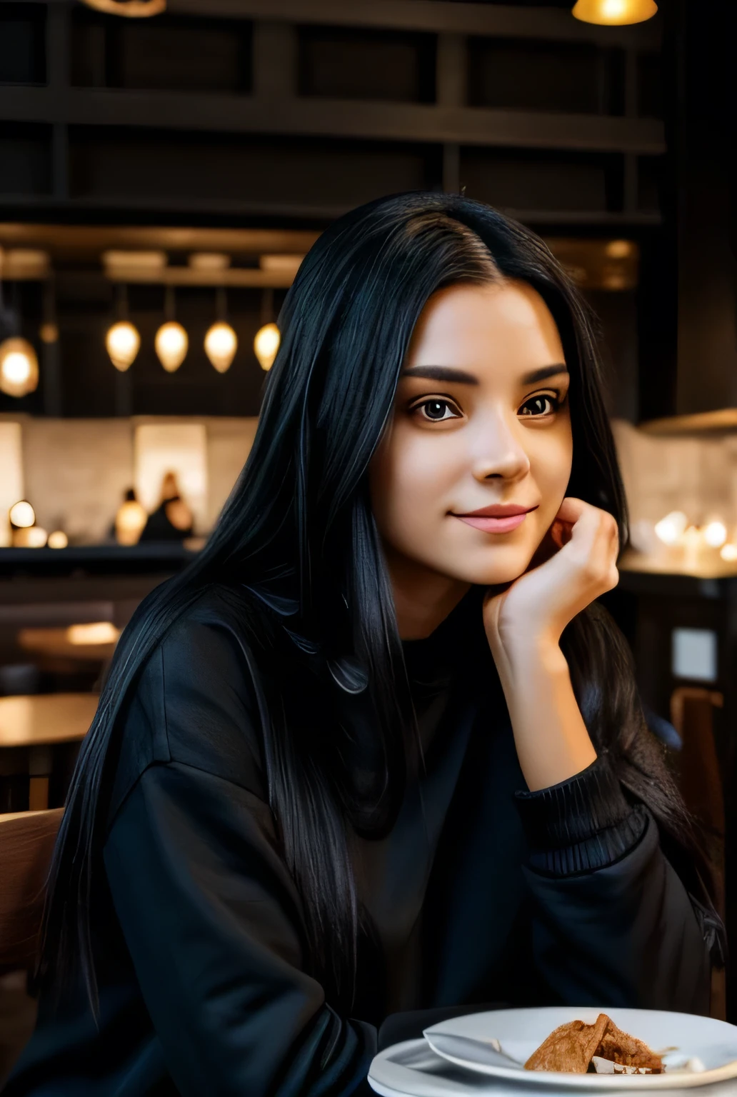 woman, long straight black hair, black sweatshirt, in a restaurant, looking at the camera, warm lights, photorealistic