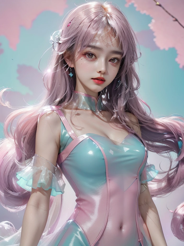 (fluorescent colors:1.4),(translucent:1.4),(retro filters:1.4), (fantasy:1.4), candy world Disney land ethereal soft fluffy soft landscape forest snowavatar Pastel pink sky green blue sparkle ethereal light pastel whimsical light rainbow stars diamonds sparkle gemstone background hyper realistic Ultra quality cinematic lighting immense detail Full hd Well lit,diagonal bangs, 
ball gown dress,rabbit pose
masterpiece, best quality,realskin,(portrait:1.5), 1girl, blunt bangs, long hair