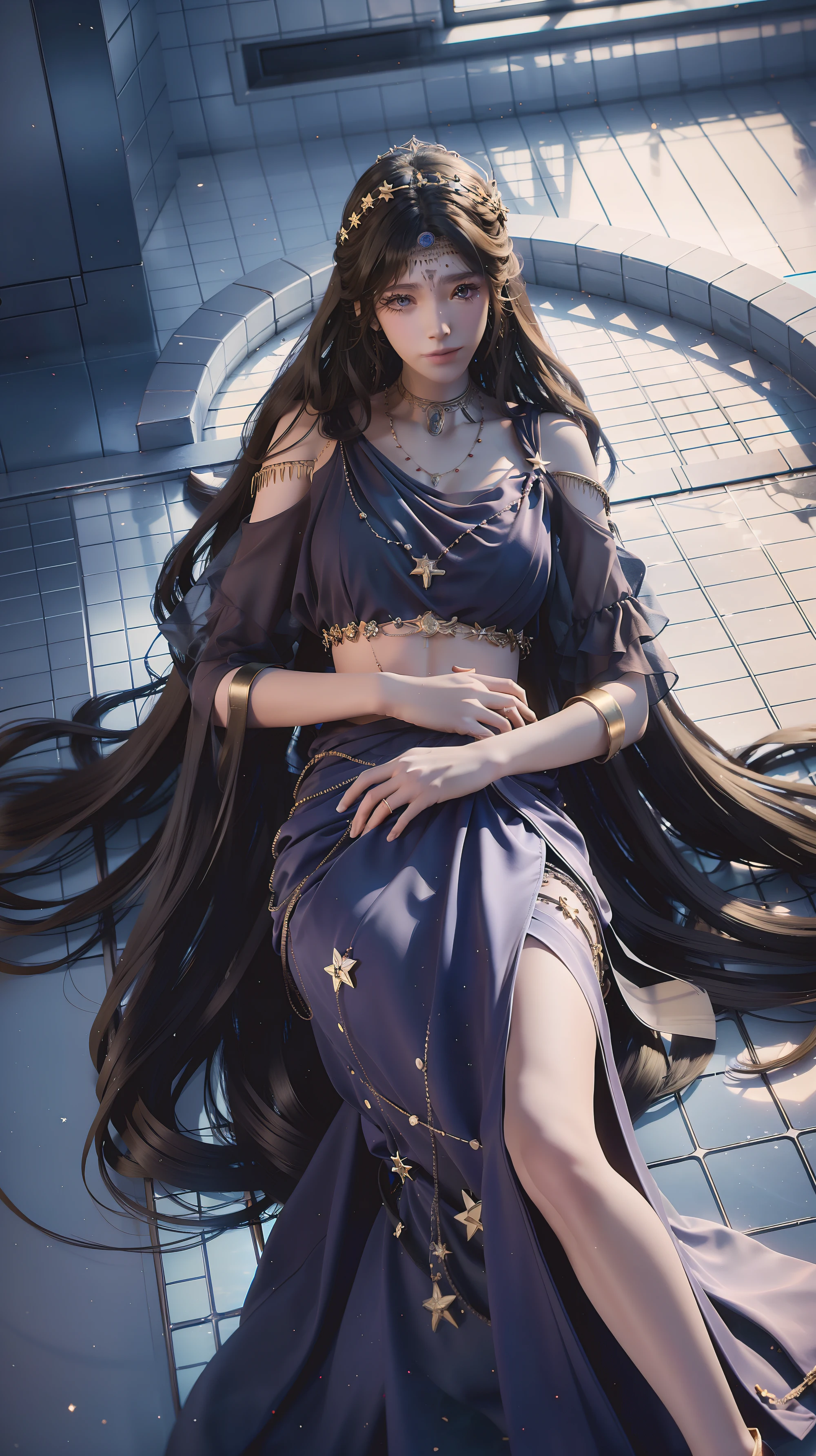 A girl in a dress lies on the bed under the Starry Sky,Exquisite smile,Beautiful and delicate eyes,Beautiful and delicate lips,Extremely detailed face and eyes,Long eyelashes,Full body,Flowing hair,belly button,best quality,excellent work,Super,(Reality:1.4),RAW photos,(Beautiful face:1.2),(Lying on the water:1.5),1 girl,(absurdes),(8k), (4K),Octane Rendering,Starry Sky,((Full body view)),barefoot,Cross-legged