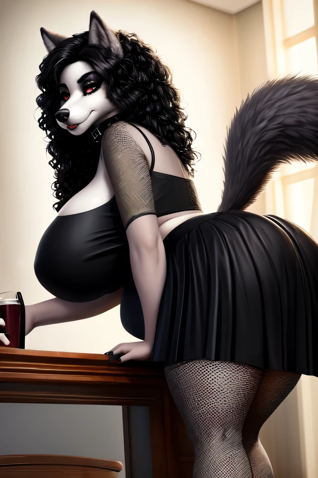 1girl, anthro furry wolf, plus size, wide thighs, full body, black curly hair, high resolution, photorealistic, cute looking, detailed realism, detailed grey fur, 4k, soft, big butt, big breasts, choker, black skirt, hand socks, large fishnet stockings, goth, bend over