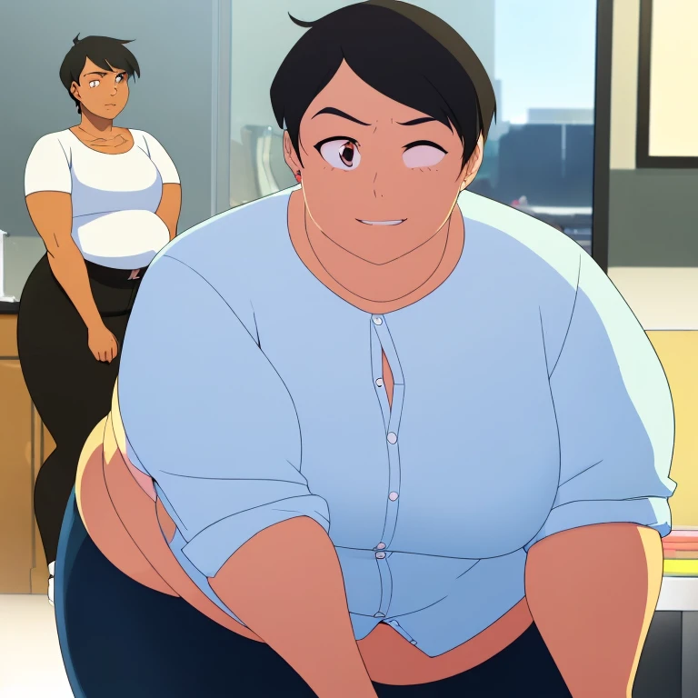 ((ultra quality)), ((masterpiece)), fat Lois Lane, 1 fat girl solo ((black short hair tomboy hairstyle)), (Beautiful face), (beautiful female lips), (), charming, ((Happy facial expression)), looks at the camera, eyes slightly open, ( dark skin color), (dark skin), glare on the body, ((detailed beautiful female eyes)), ((dark brown eyes)), (juicy female lips), (dark eyeliner), (beautiful female hands), (( fat female figure)), female body plus, beautiful waist, gorgeous thighs, beautiful medium breasts, ((subtle and beautiful)), sexy worth (), (White shirt, Black jeans) background: office, ((depth of field)), ((high quality clear image)), (clear details), ((high detail)), realistically, professional photo session, ((Clear Focus)), anime