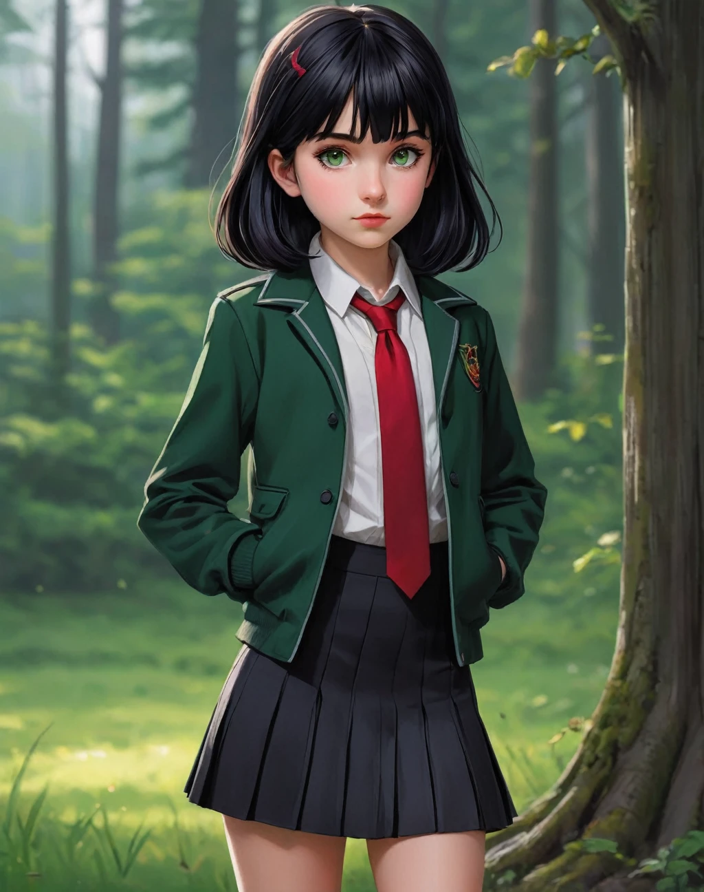 (Beautiful posture), 1Girl,slim, thin,illustration of 11 years old daughter of severus snape, ((black short skirt with pleats)),(((short double-breasted jacket))), (black very short jacket),(fitted clothing) ,a white blouse, (red tie short) , long bangs on face, straight black hair to waist, green eyes with a hint of purple, knee-deep portrait, sad, It's a nasty day, stands in the castle