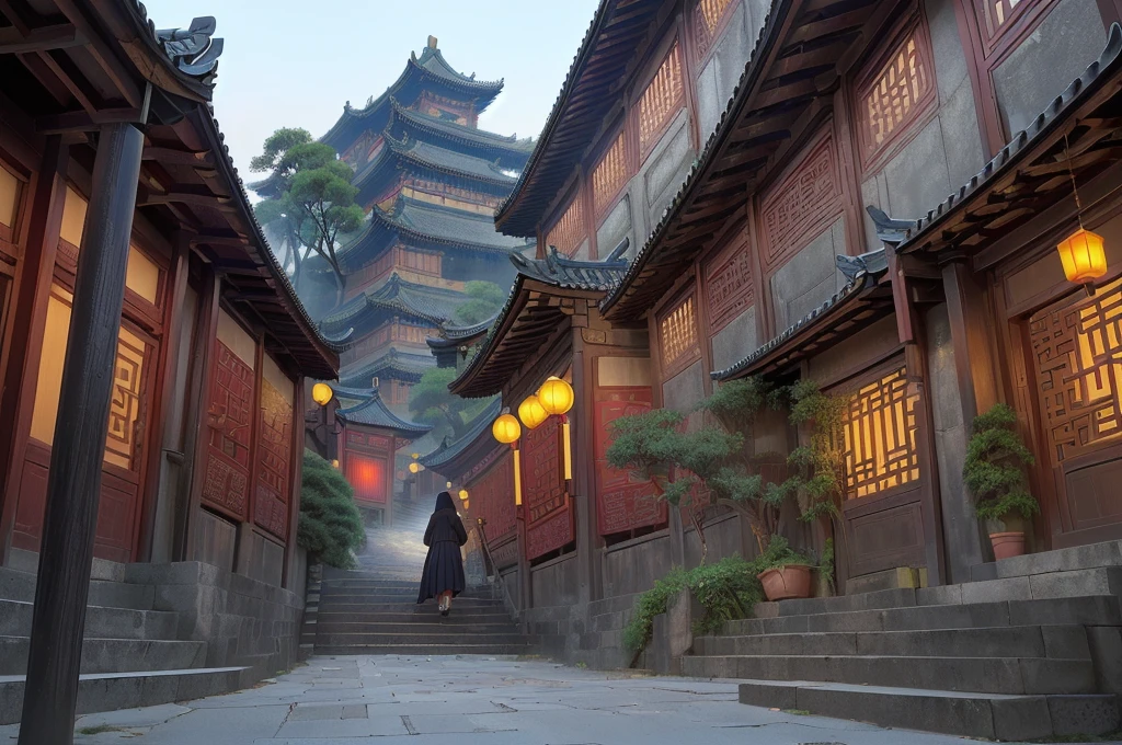 there is a narrow street,There are many buildings and plants, Dream China Town, china village, andreas rocha style, Cyberpunk ancient Chinese castle, Beautiful rendering of the Tang Dynasty, ancient city landscape, The ancient city streets behind her, author:Victor Wang, old asian village, Inspired by Zhang Sengyao, Pan Chengwei on artstation, In an ancient city , ((low angle shot 1.7)) ((Camera lens close to the ground to shoot 1.8))