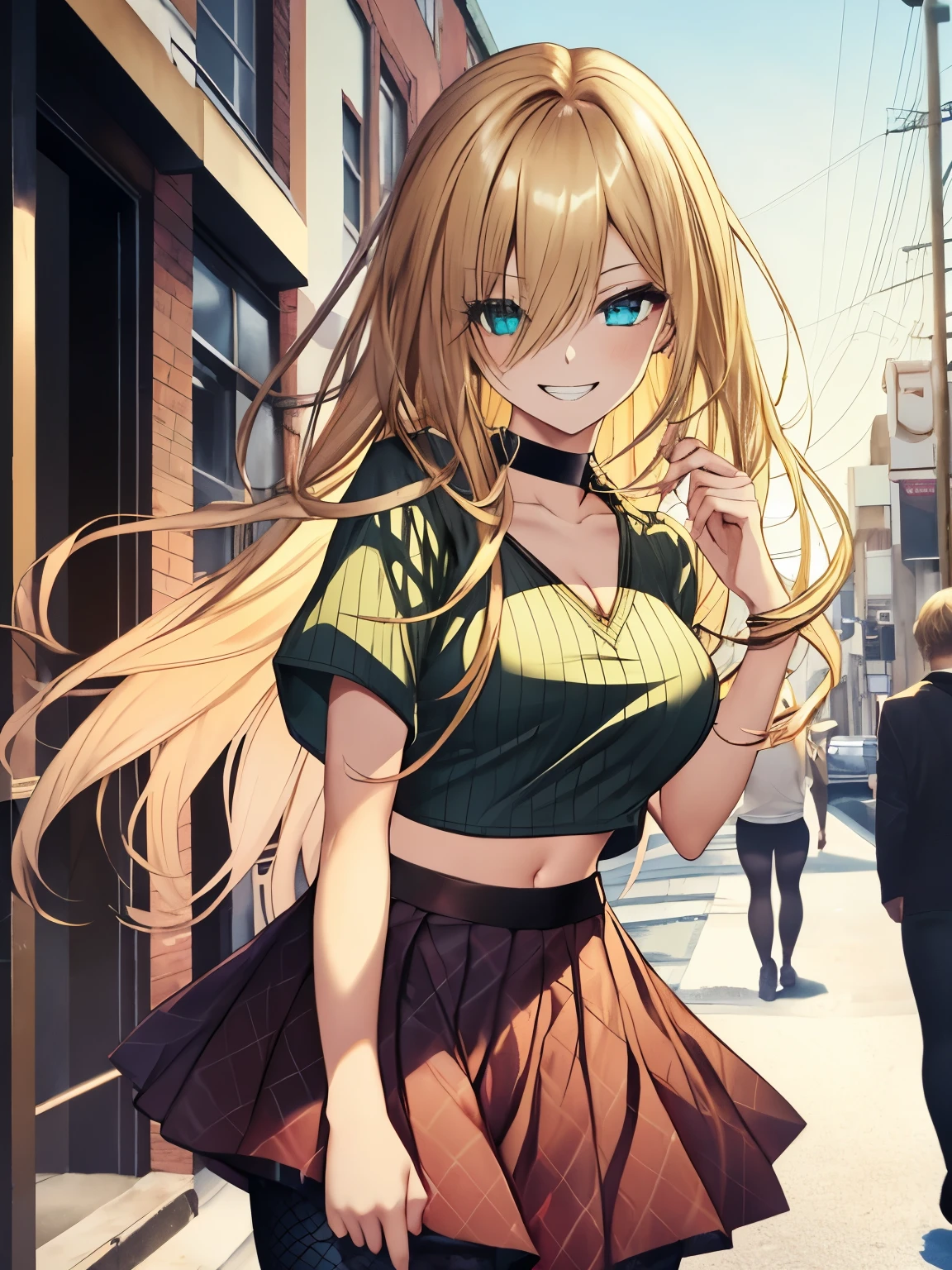 woman, fishnet leggings, outdoors, street, brown skirt, green knotted crop top, short sleeves, v-neck, medium breasts, blonde ombre hair, looking at viewer, facing viewer, straight long hair, masterpiece, grin, detailed eyes