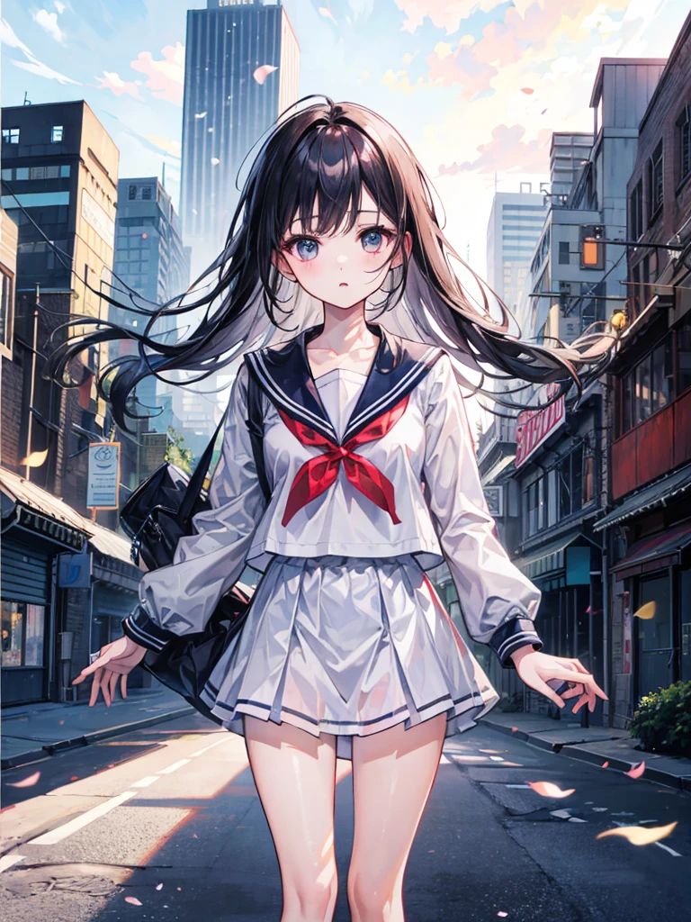 (((masterpiece、Highest image quality、highest quality、highly detailed unity 8kwallpaper)))、((Illustration of one girl))、high school girl、sailor suit、ruin city