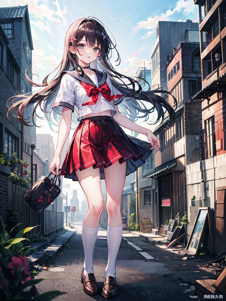 (((masterpiece、Highest image quality、highest quality、highly detailed unity 8kwallpaper)))、((Illustration of one girl))、high school girl、sailor suit、ruin city