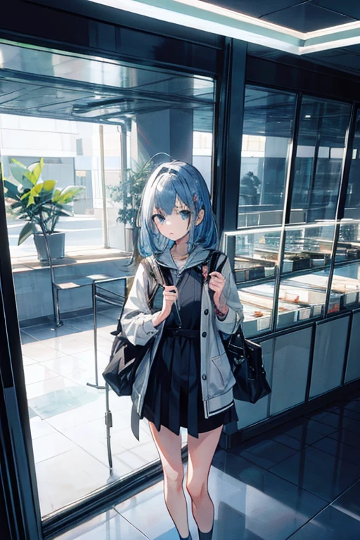 A girl around 13 years old, a little more mature, active and casually dressed, with medium-long light ash blue hair and beautiful jade-colored almond eyes, about 125cm tall, in the lobby of an outer space relay spaceport, there are a moderate number of people behind her, a check-in counter in the far right, a potted plant, a planet visible through the window to the left, she is holding a travel bag, standing to the right, facing left and looking out the window