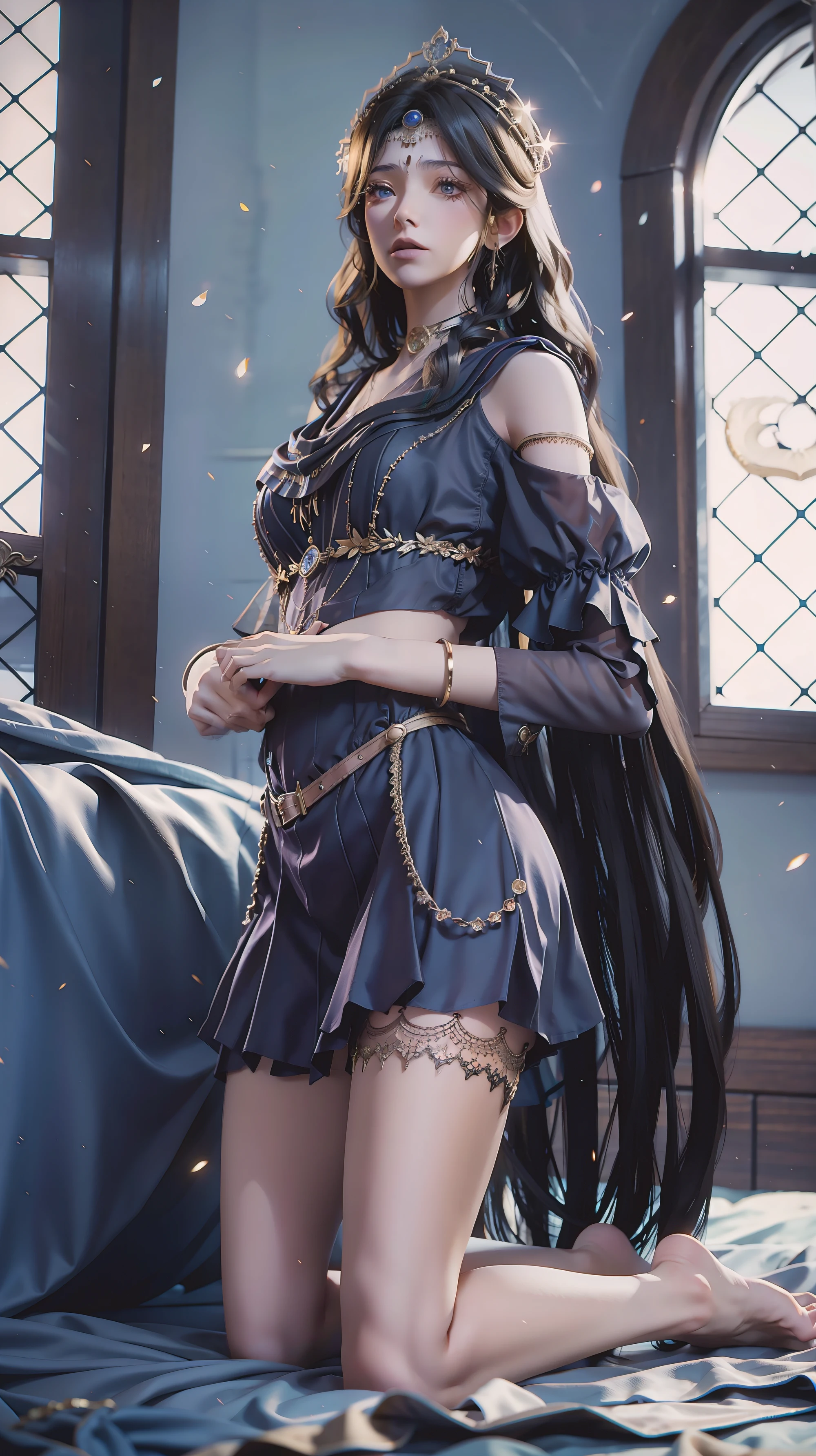 best quality,masterpiece,The Ultimate Solution,Fluffy,Extremely colorful,Mature beautiful woman,(Dress school uniform),Lace skirt,(Beautiful woman beheaded),Normal posture,(Kneeling),Kneeling on the bed,shackles,Beheading,collar,Black stockings ,barefoot,Normal posture